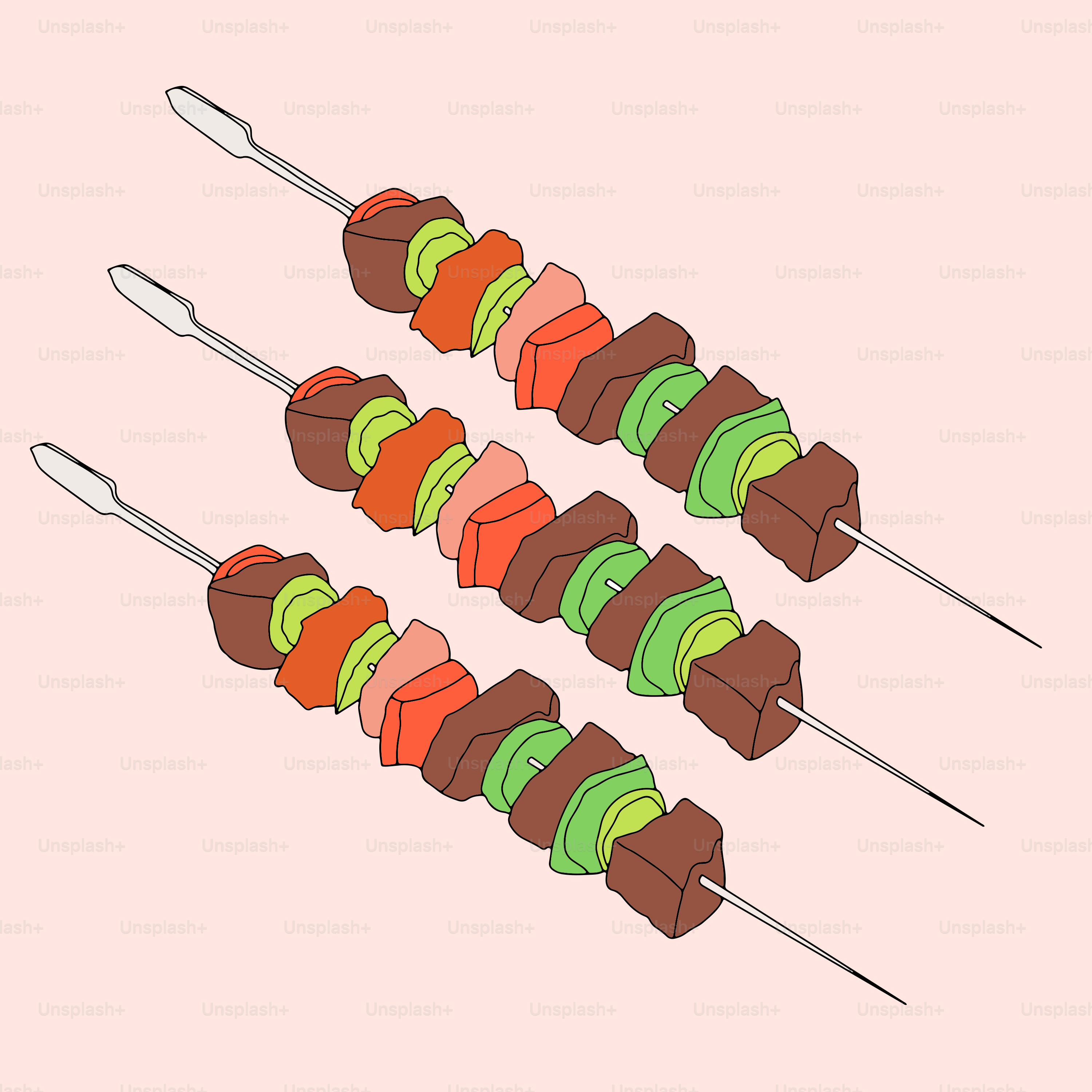 Three meat and vegetable skewers on a pink background