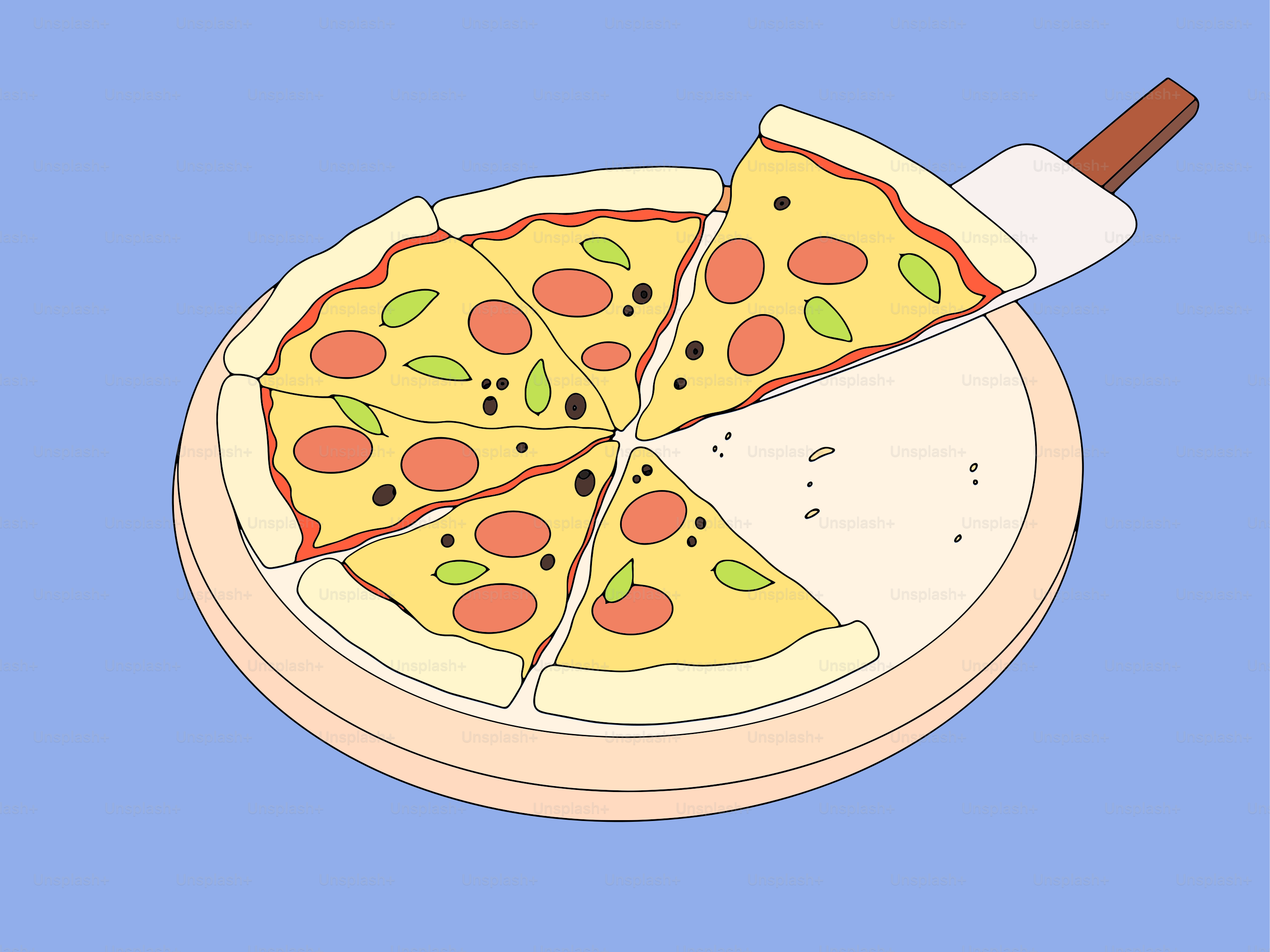 A whole pizza with one slice being served