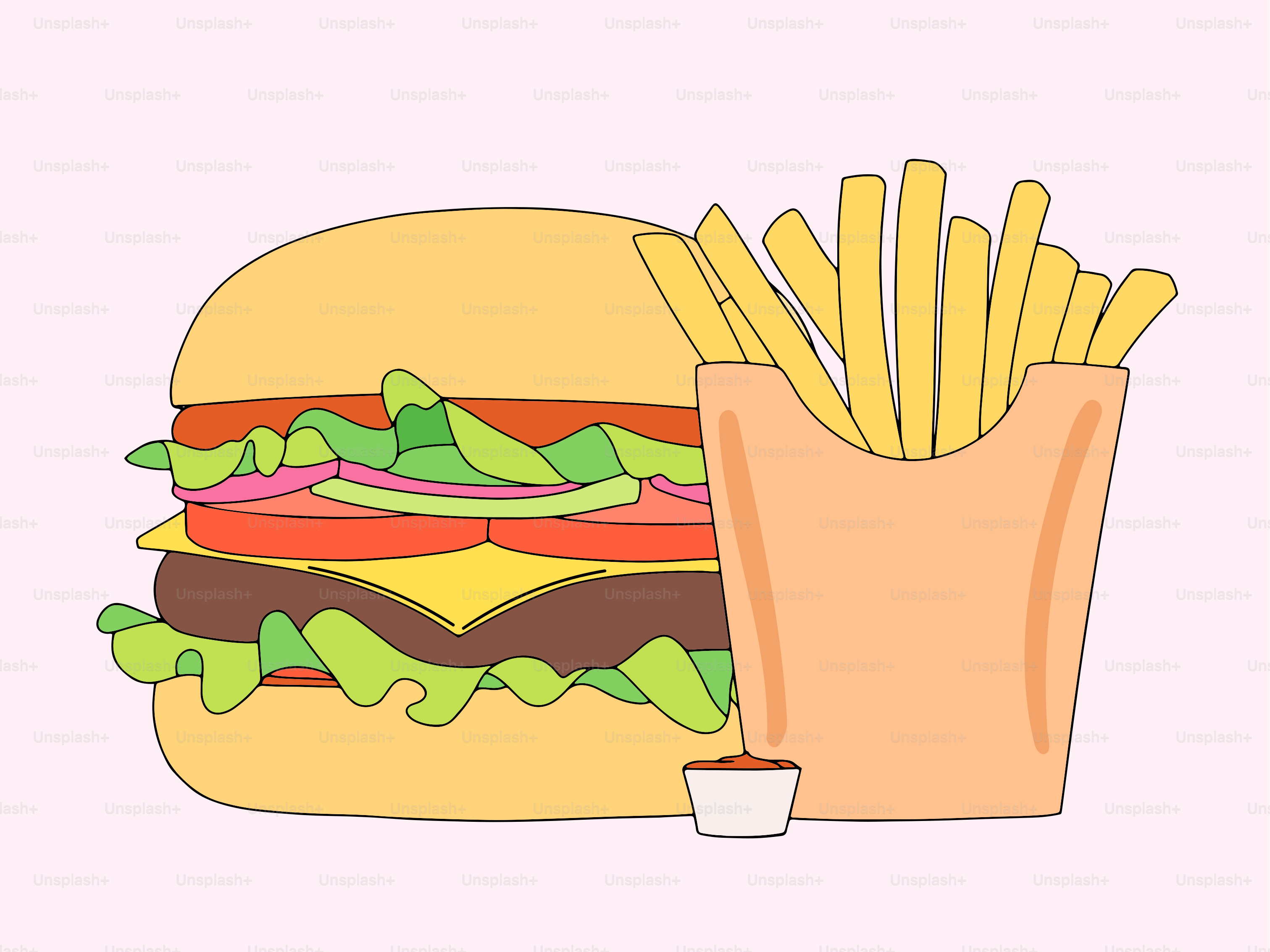 A picture of a hamburger and french fries