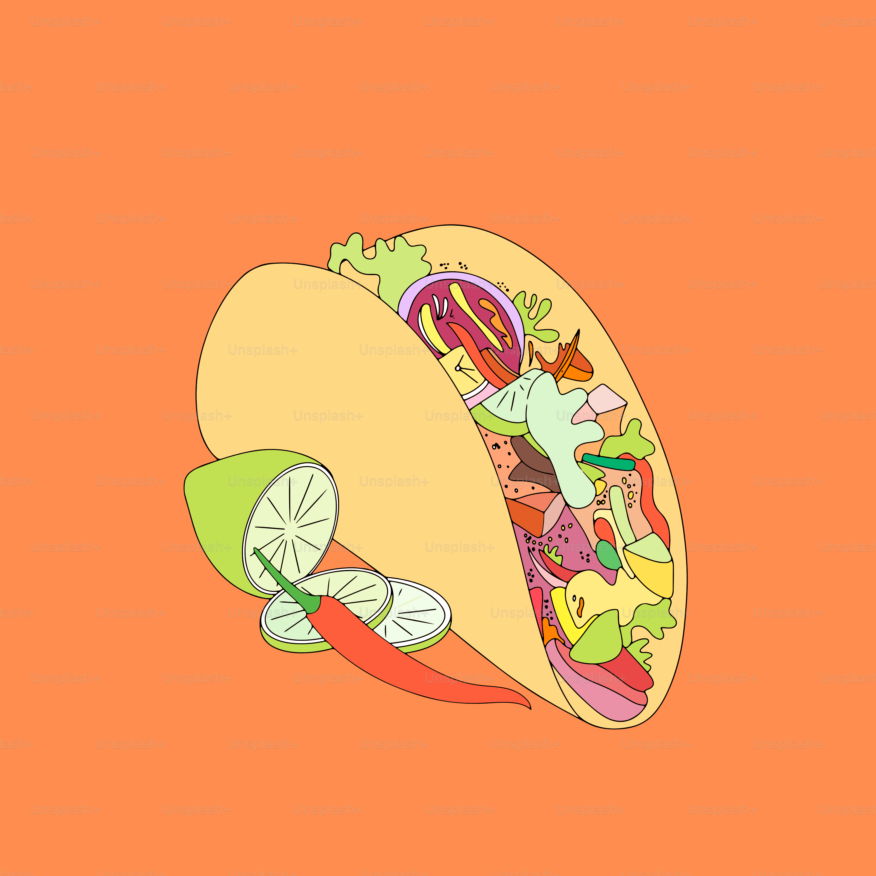A picture of a taco on an orange background