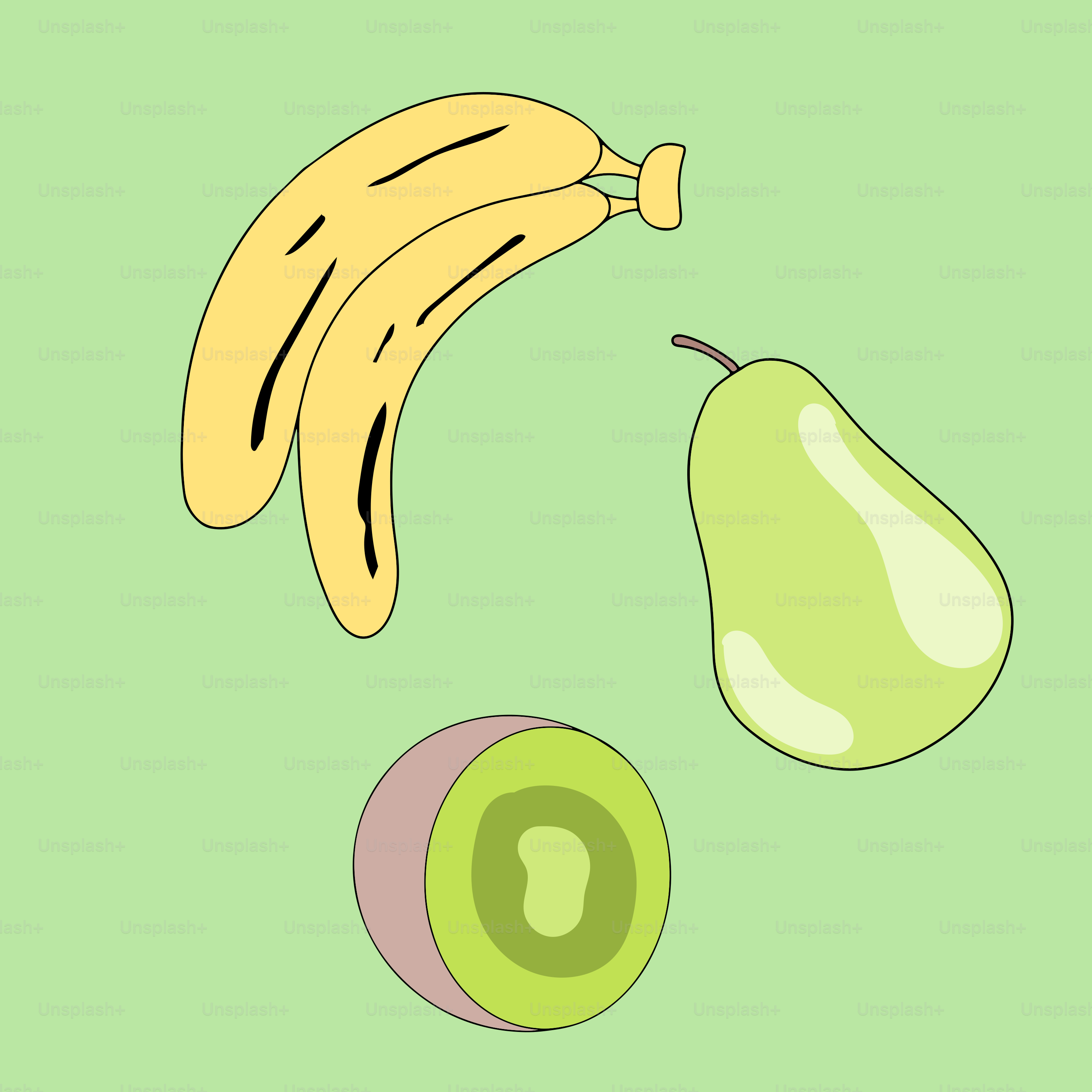 Bananas, pear, and kiwi on a green background