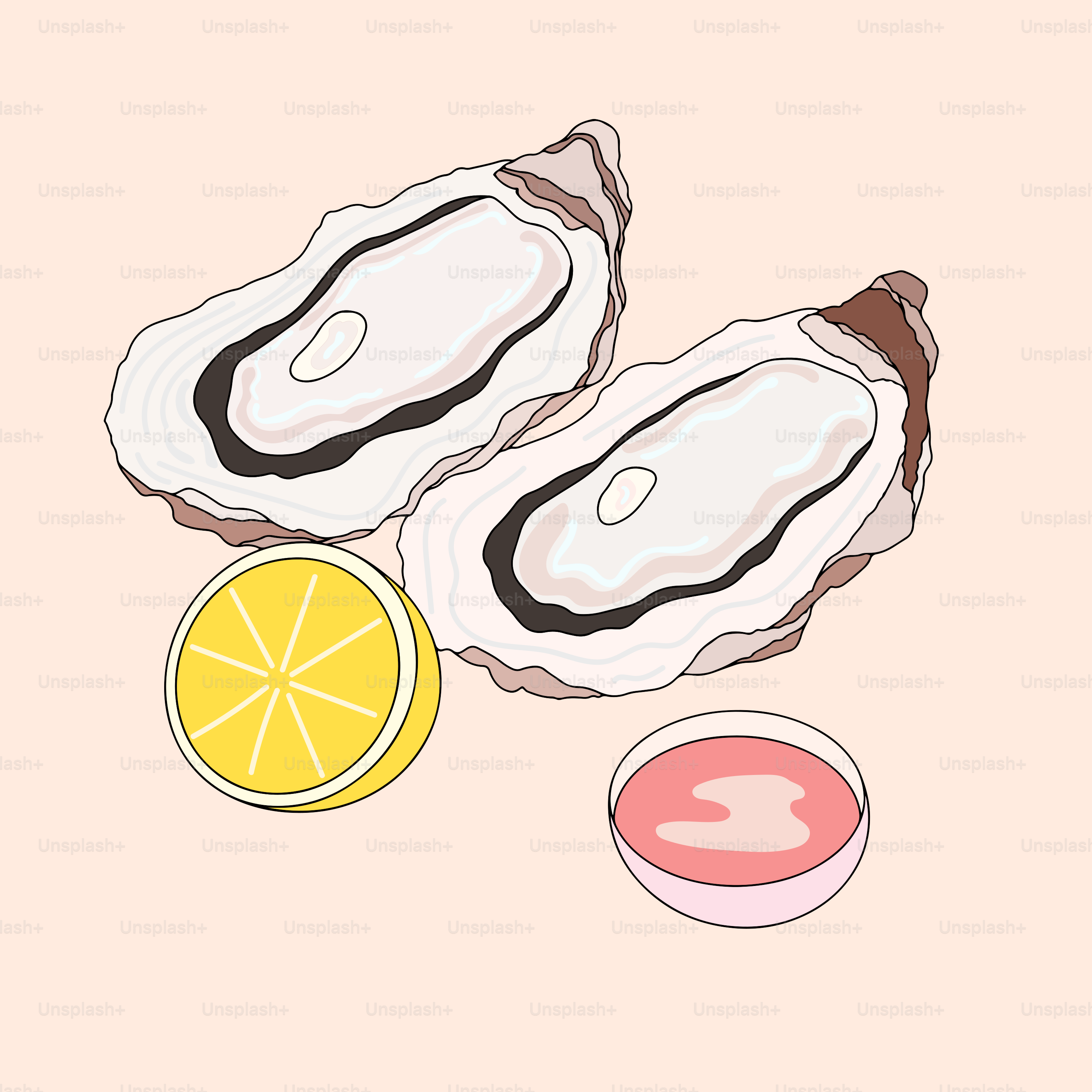 Two oysters and a lemon on a pink background