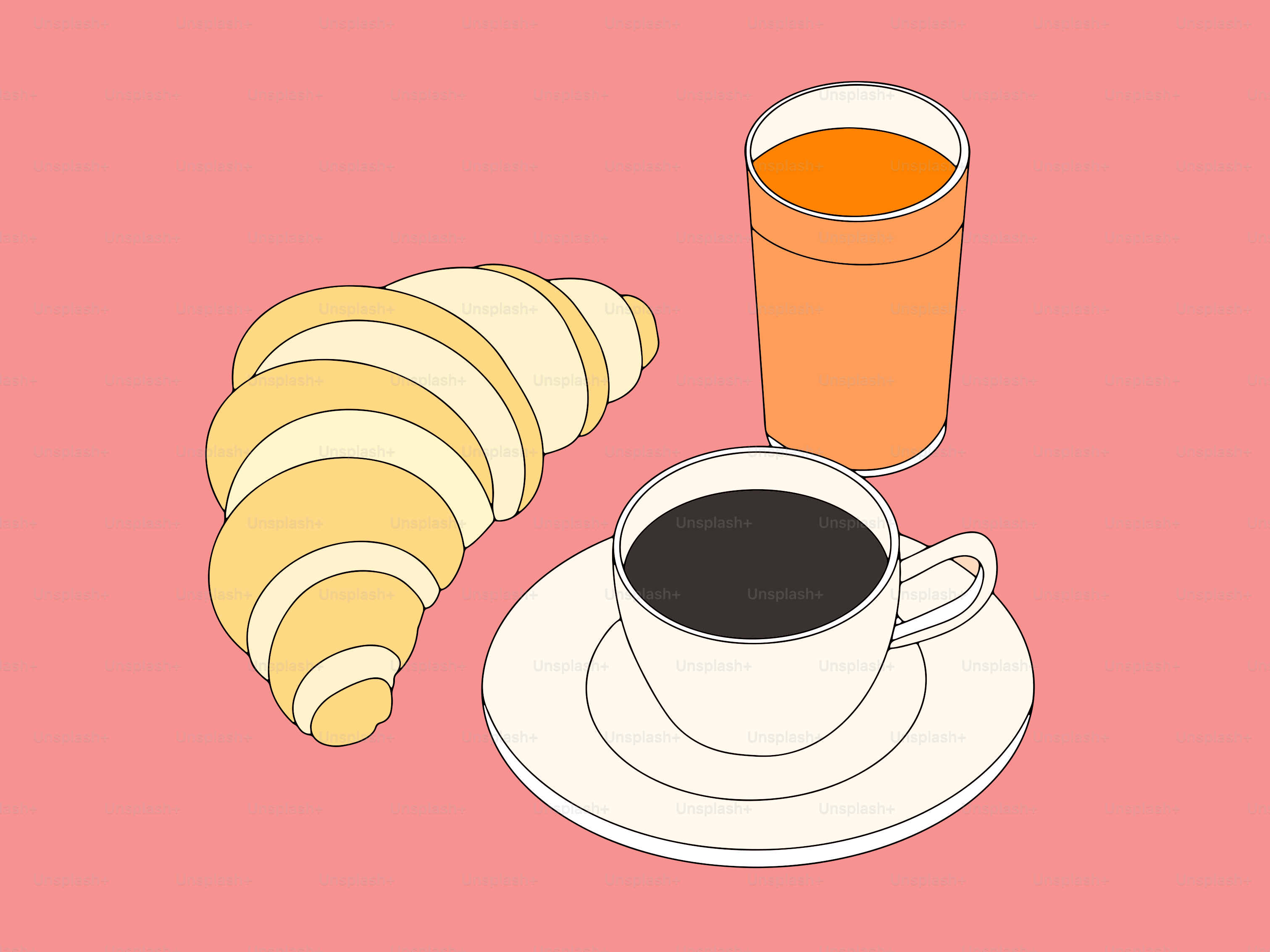 A cup of coffee and a plate of croissants on a pink background
