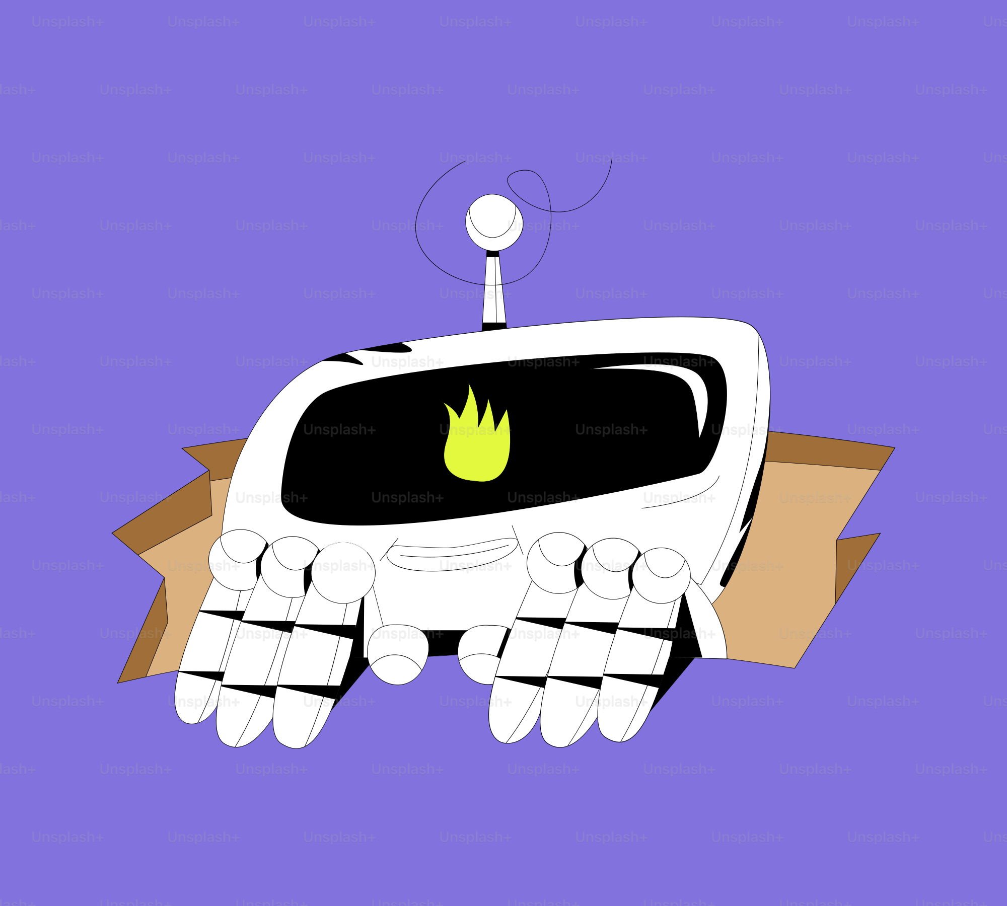 Un robot che sbircia da una scatola di cartone.