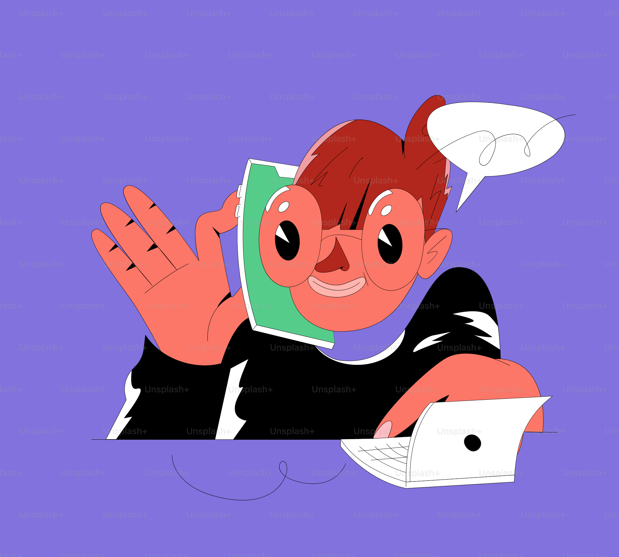 Person on phone and laptop with speech bubble
