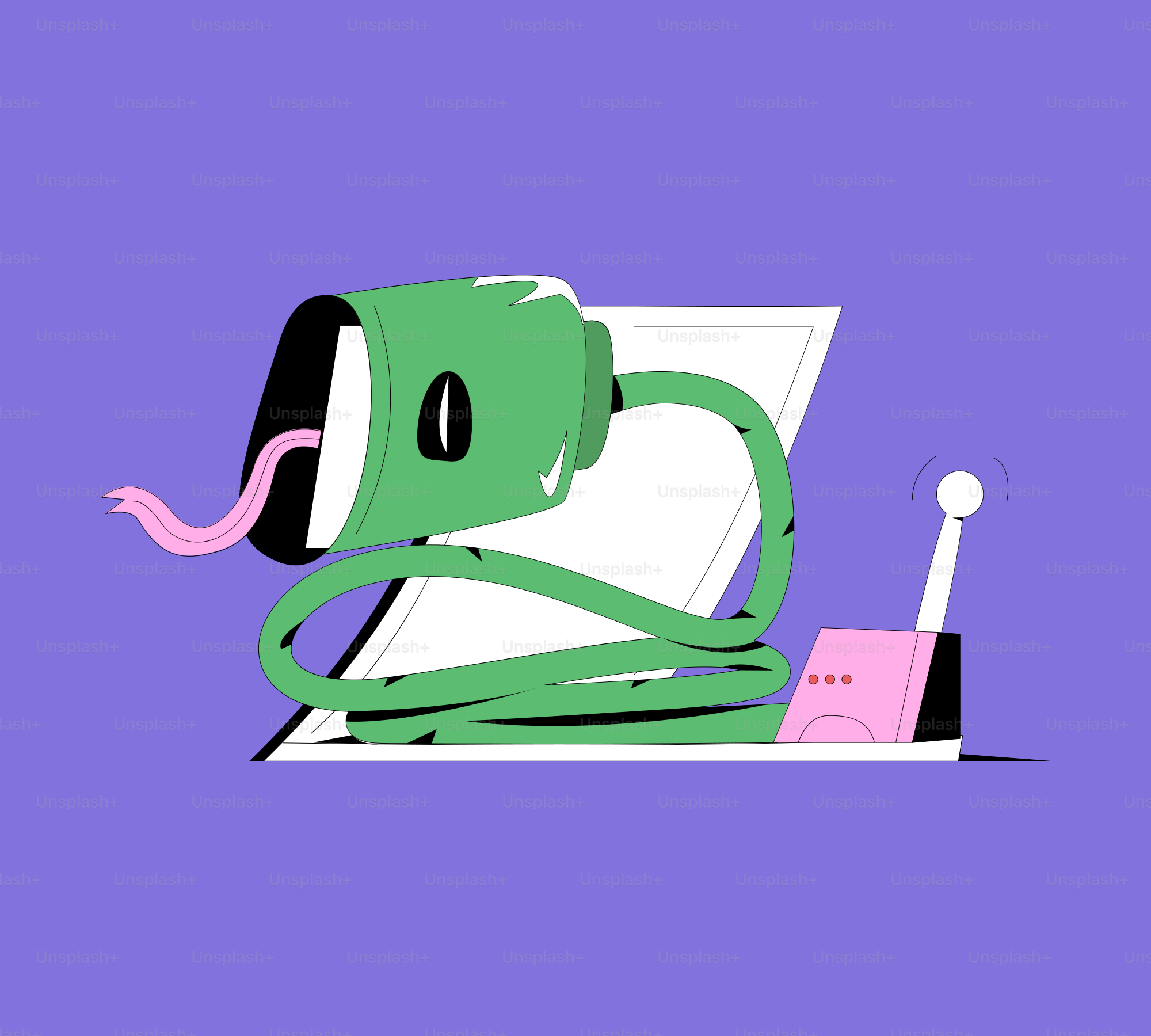 Un personaggio verde simile a un serpente emerge dallo schermo di un laptop.