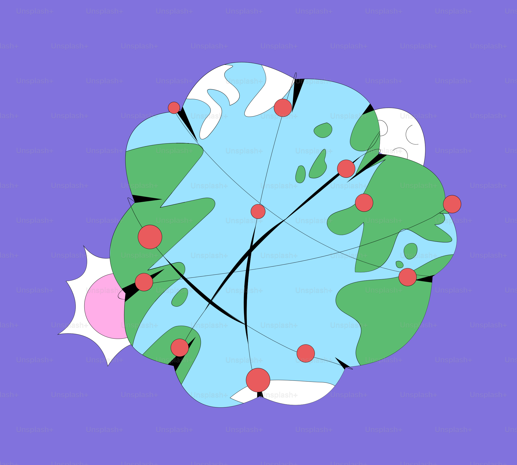 Stylized globe with connections and celestial bodies