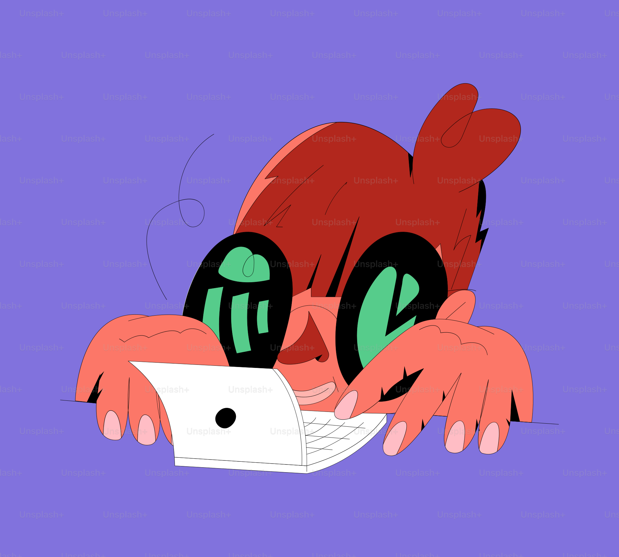 Personaggio dei cartoni animati con grandi occhi che usa un portatile