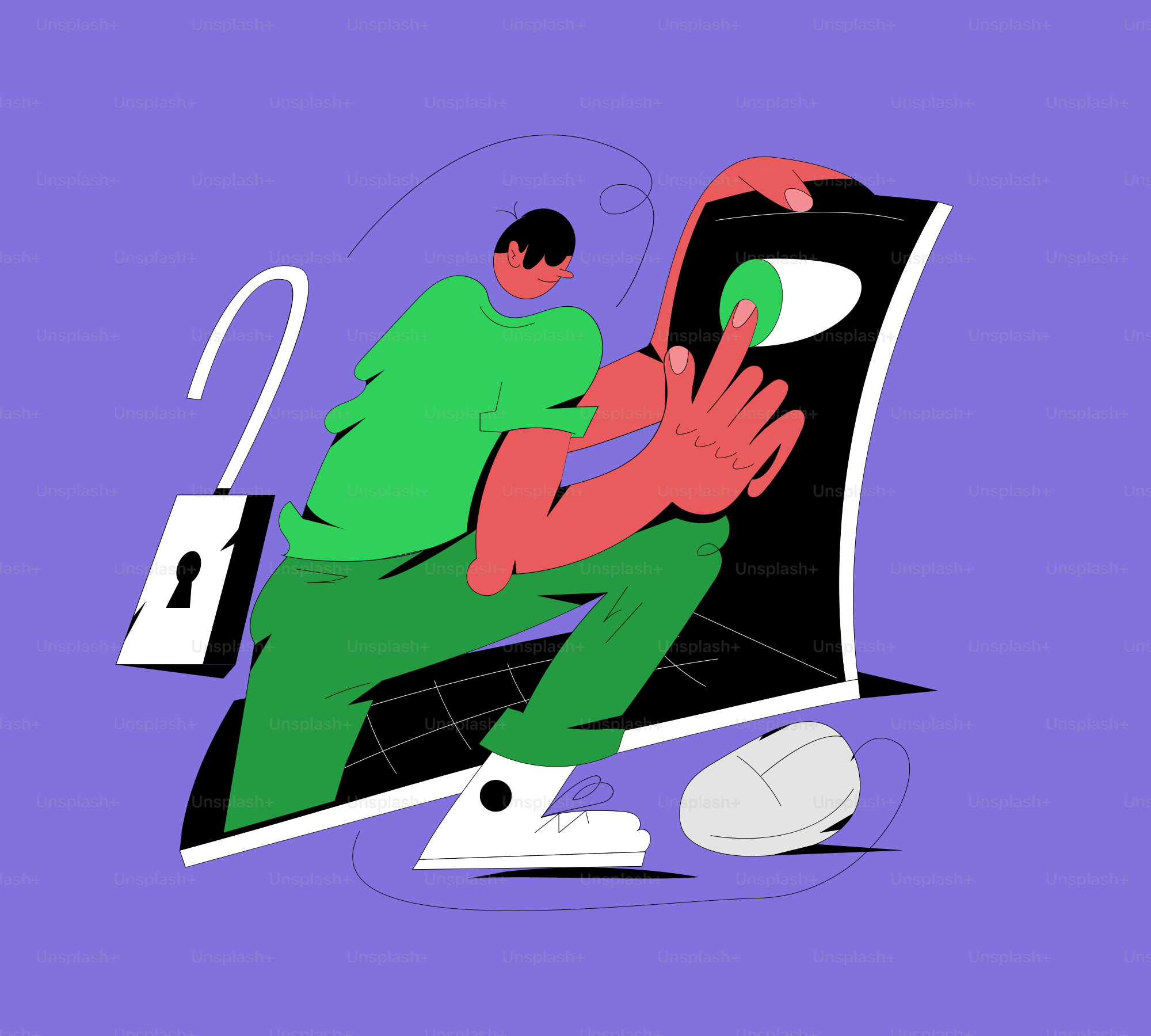 Man interacting with a digital interface and unlocked padlock