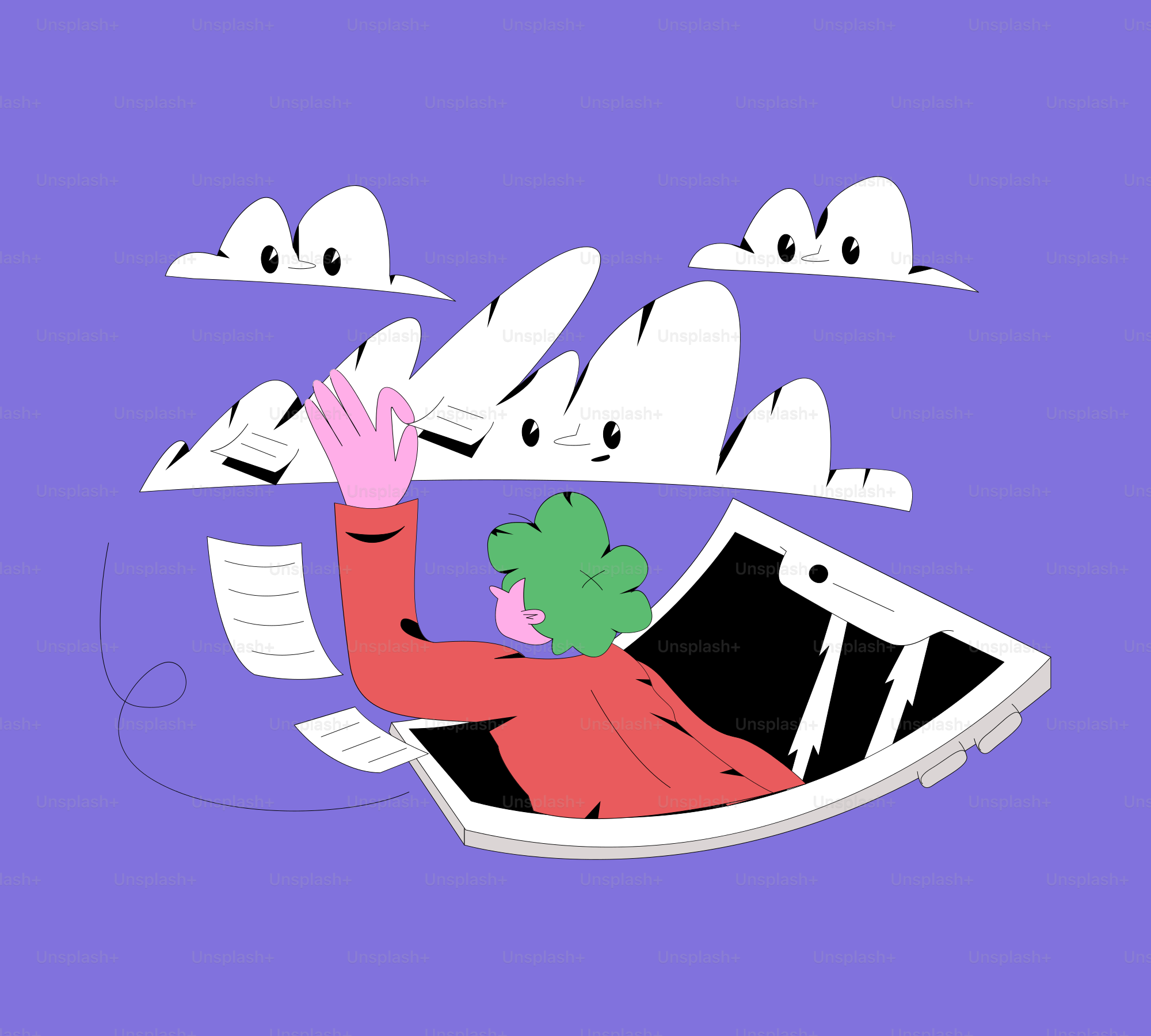 Person waving from a laptop screen among clouds