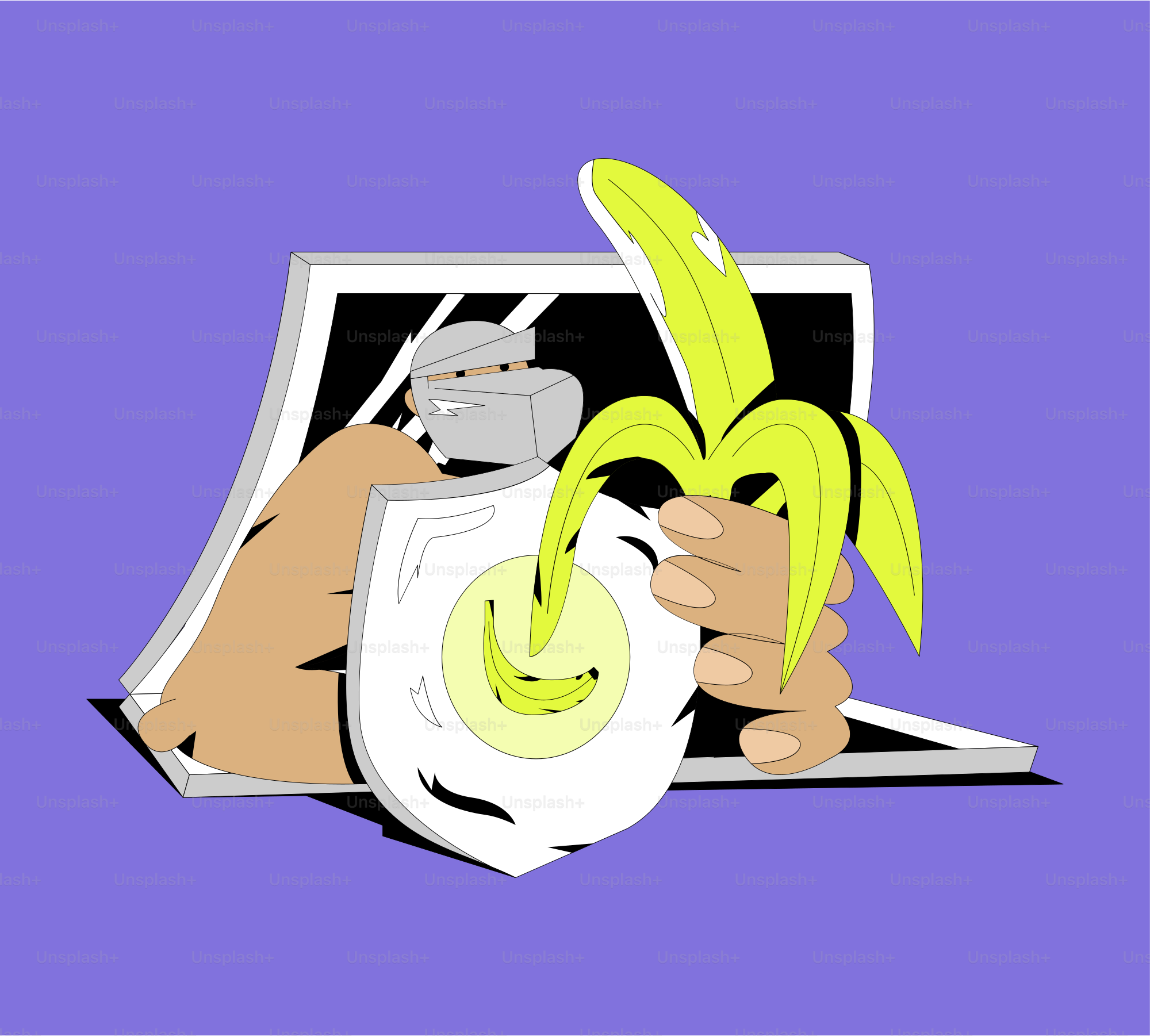 Tenere la banana e lo scudo davanti al portatile.