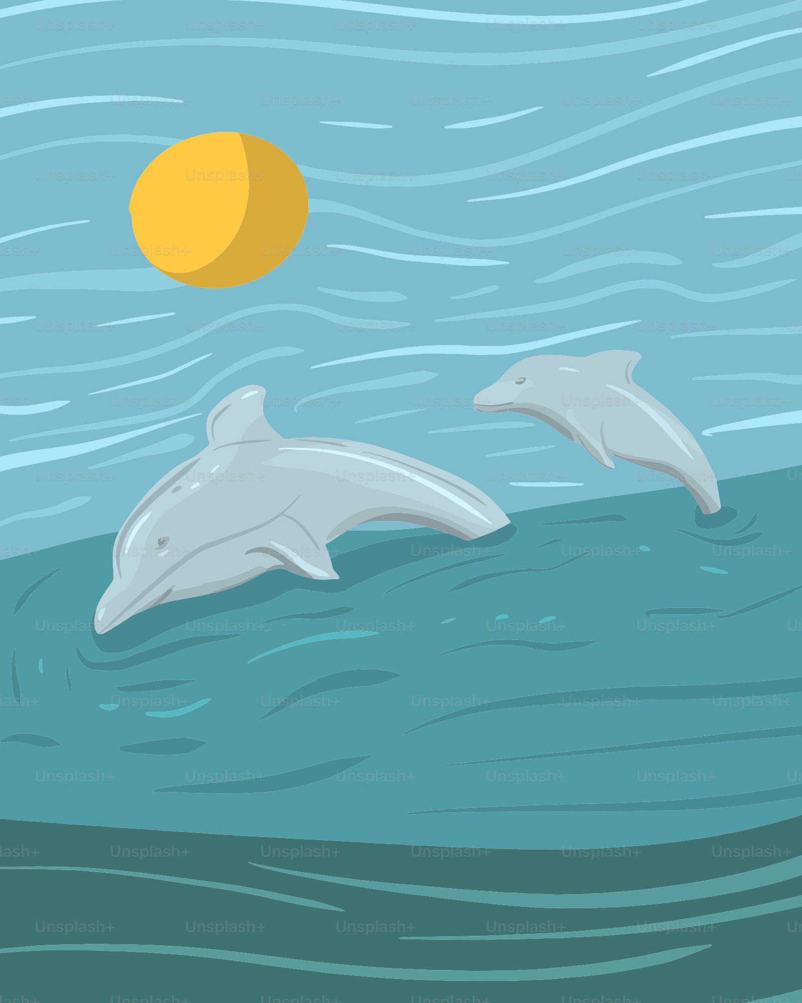 Dos delfines nadan en el océano bajo un sol amarillo.