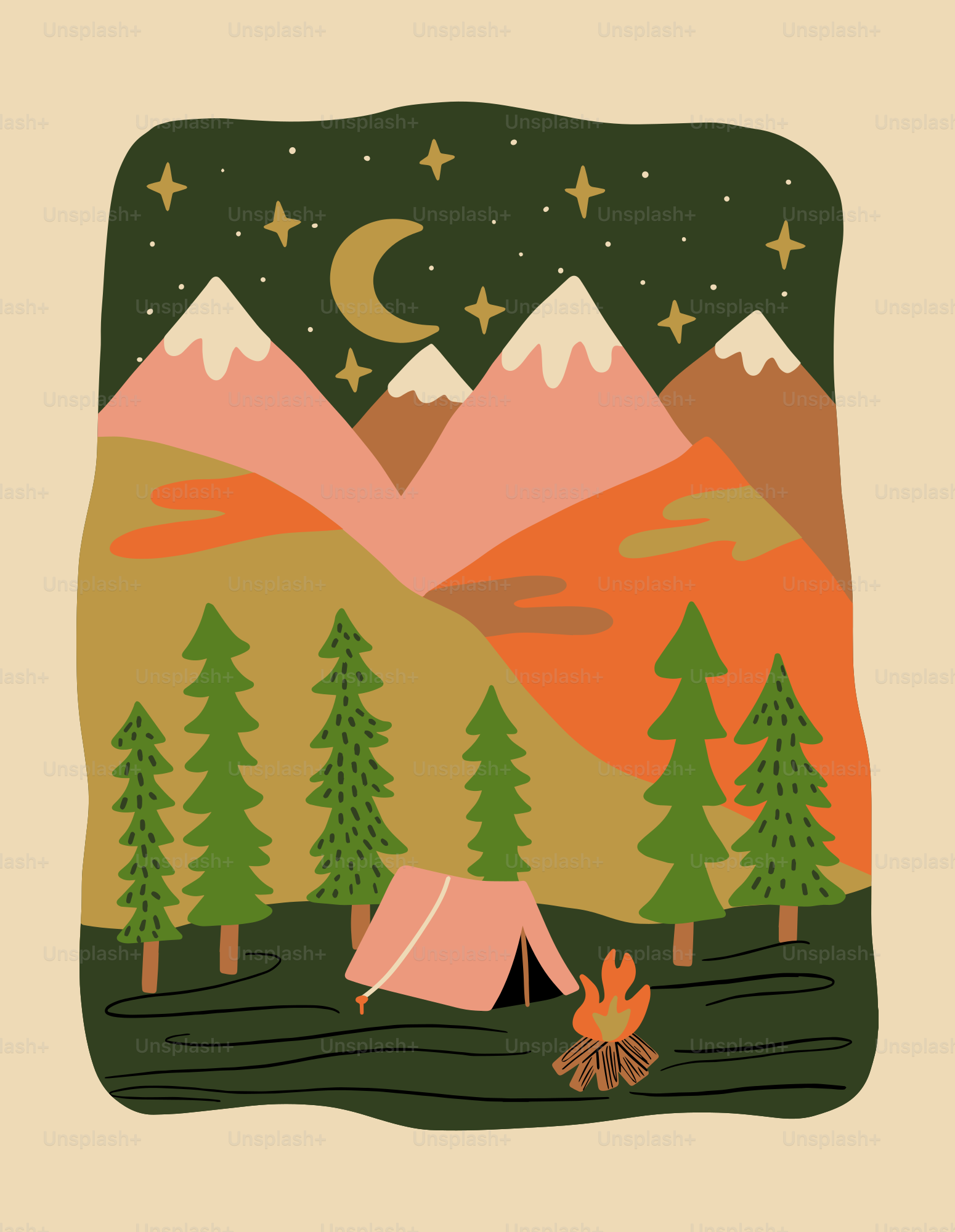 A camping scene with a tent and trees