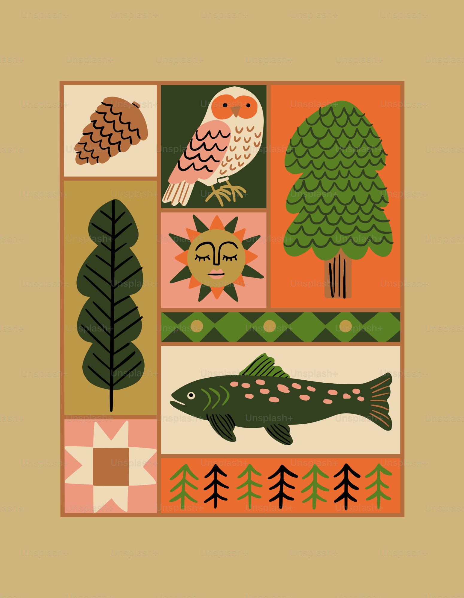 A picture of a bird, fish, pine tree, pine cone, pine cone