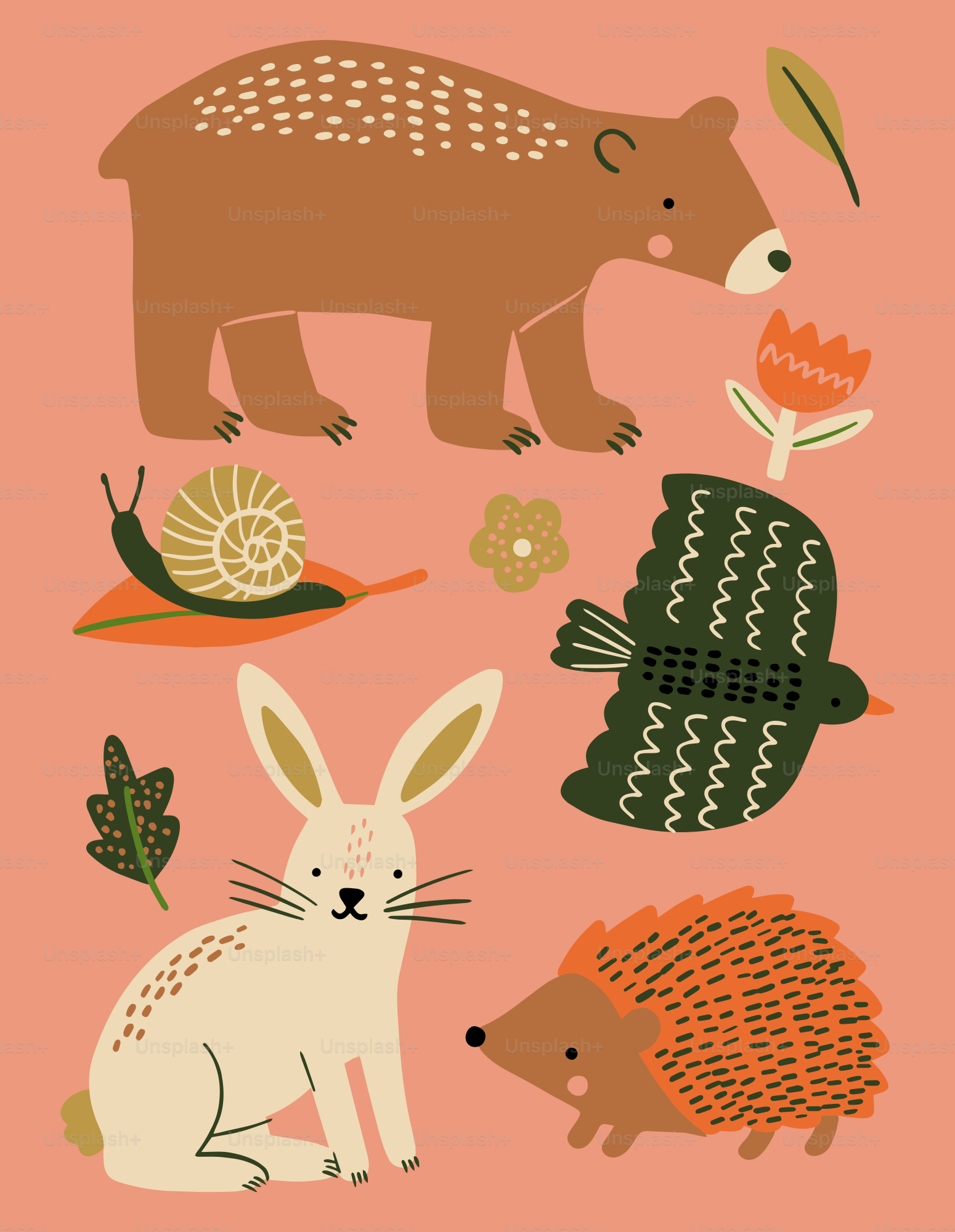 A picture of a bear and other animals on a pink background