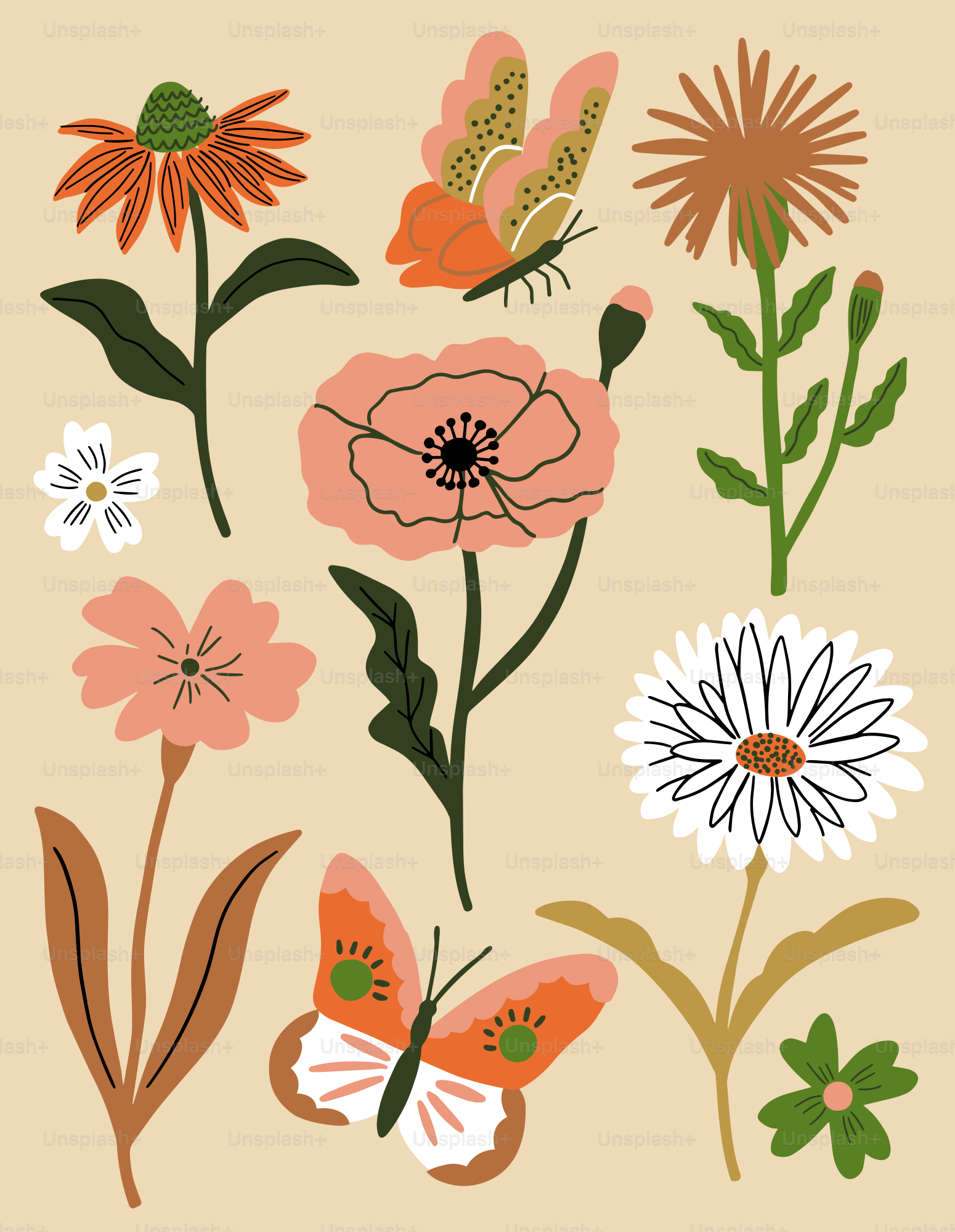 A picture of flowers and butterflies on a beige background