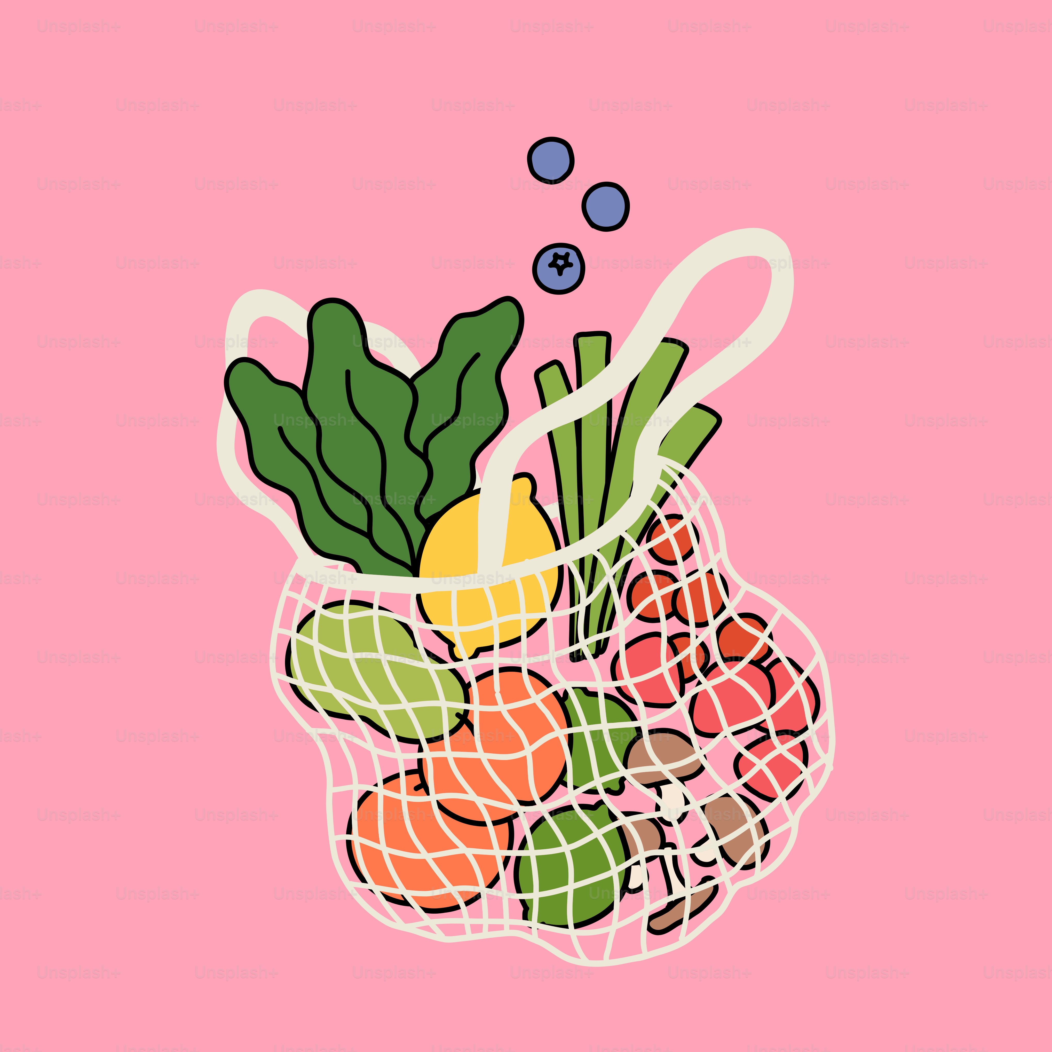 Mesh bag filled with fresh fruits and vegetables