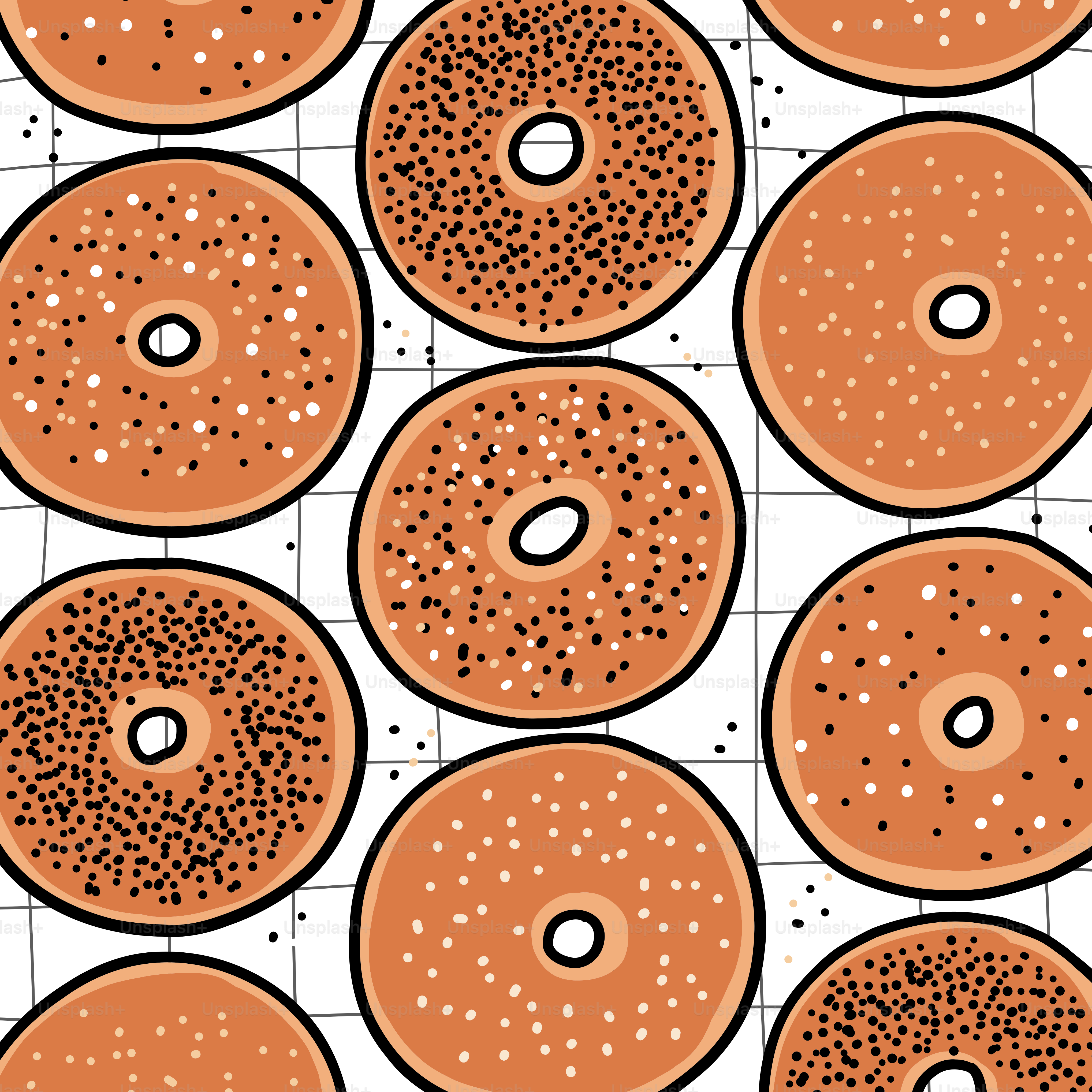 A pattern of assorted bagels on a grid background.