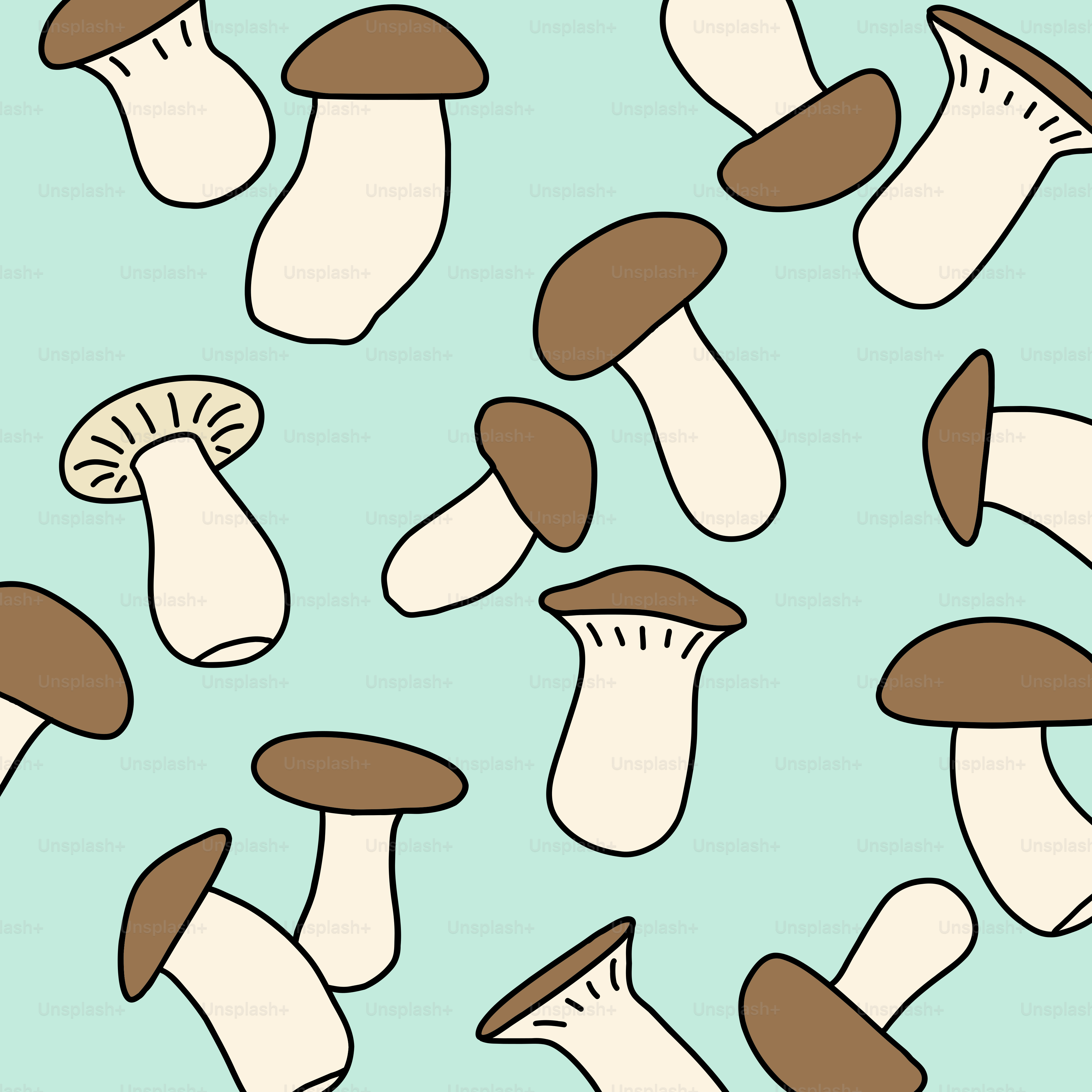 Various mushrooms scattered on a light blue background.
