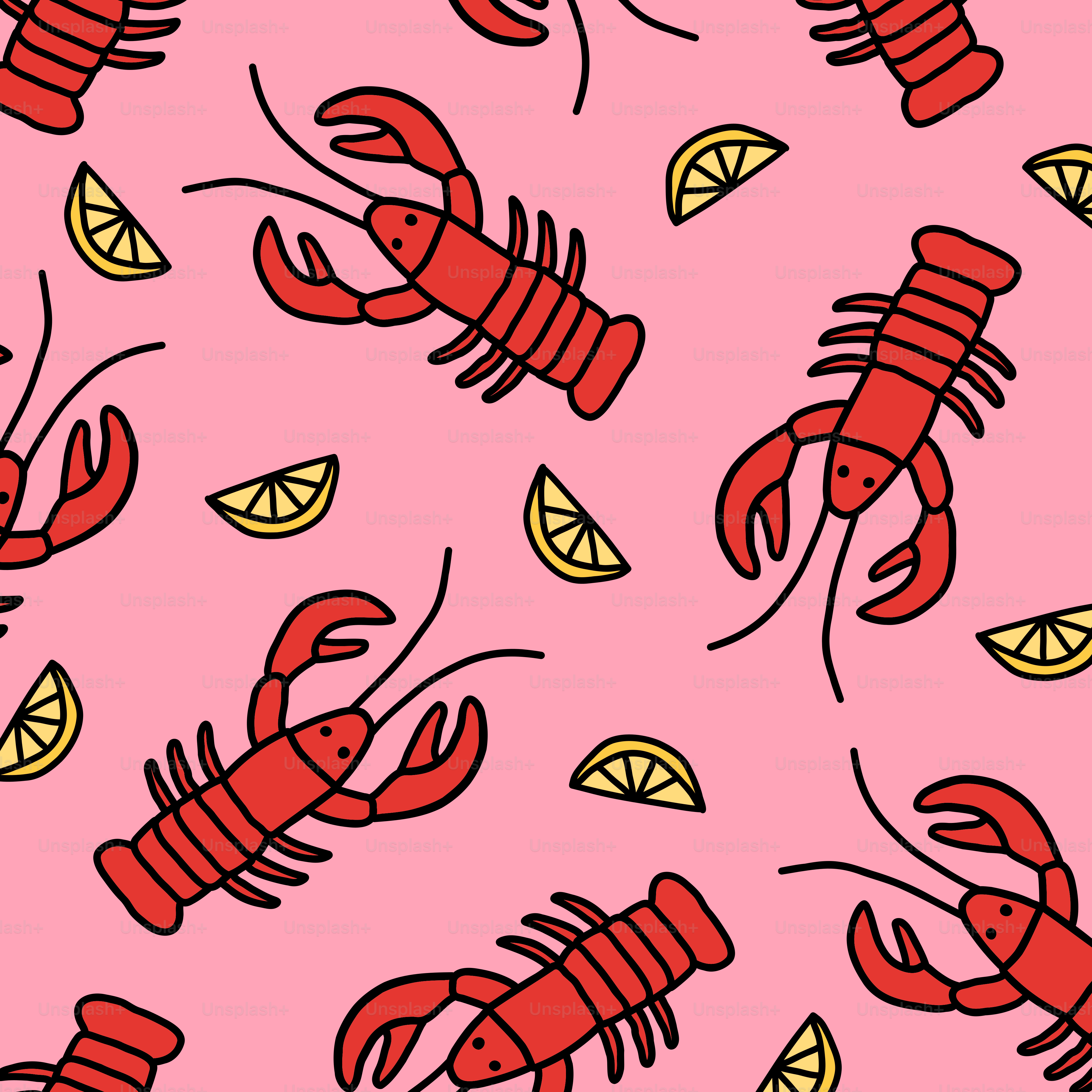 Red lobsters and lemon slices on pink background