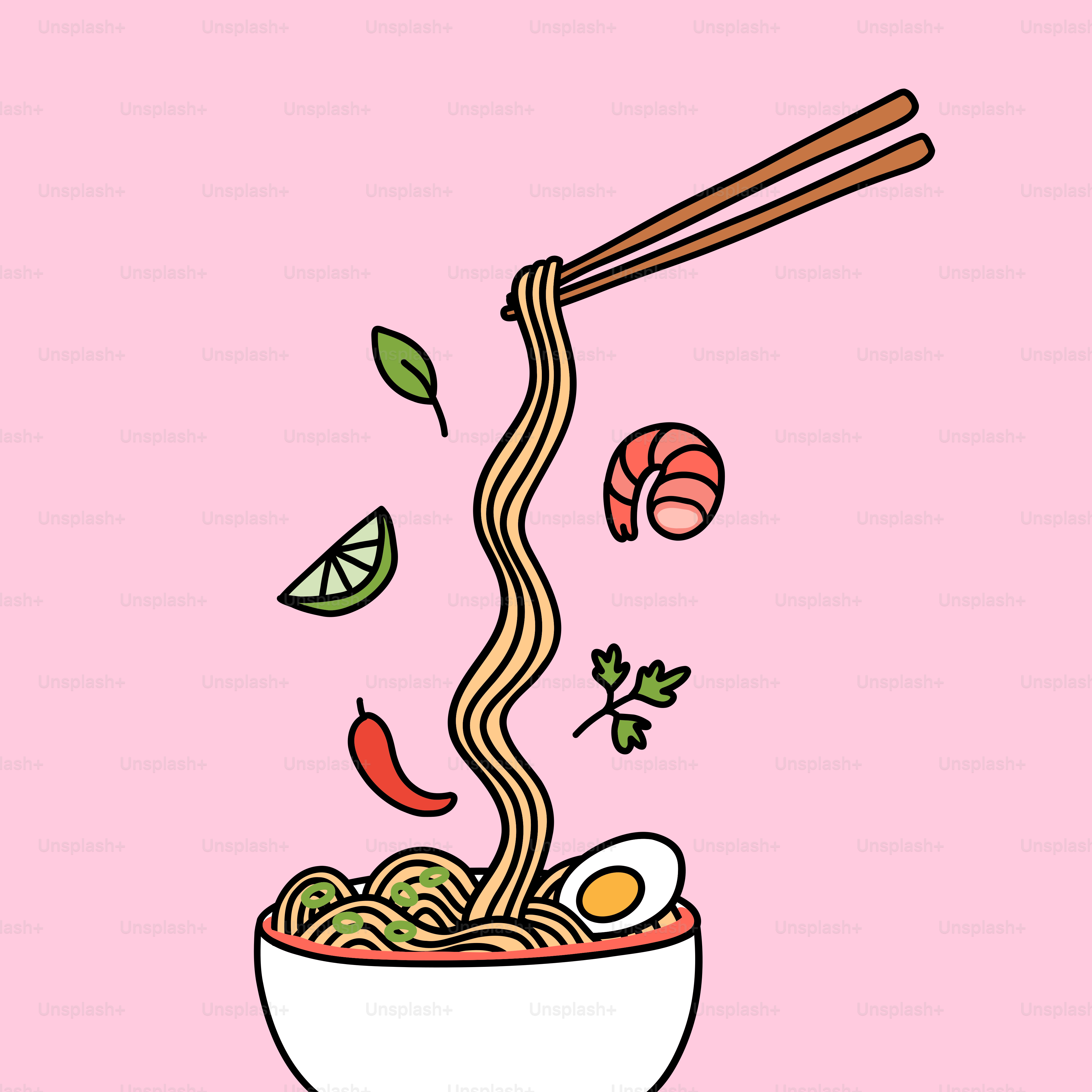 Chopsticks lifting noodles from a bowl with ingredients.
