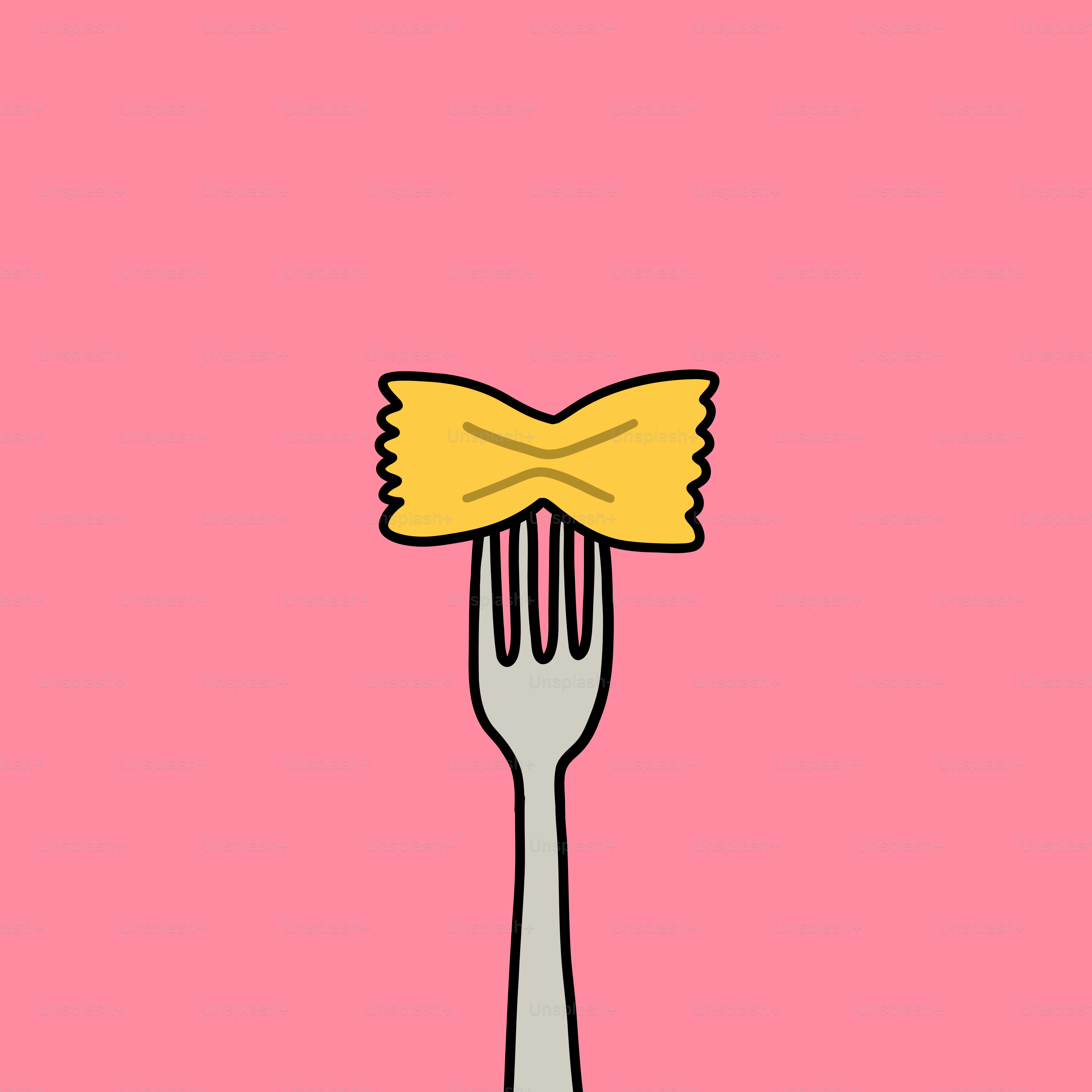 A farfalle pasta on a fork against pink background
