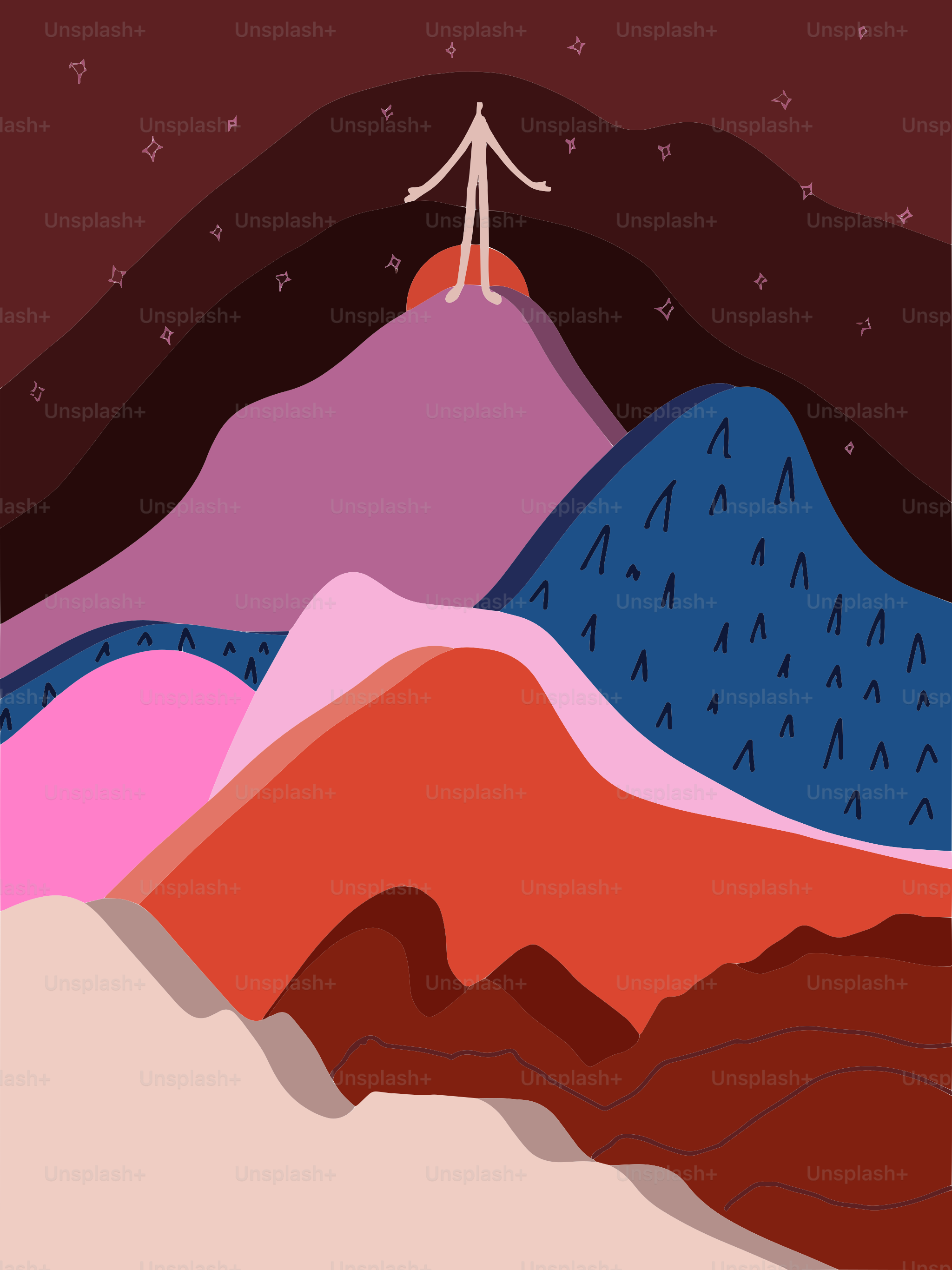 A painting of a person standing on top of a mountain