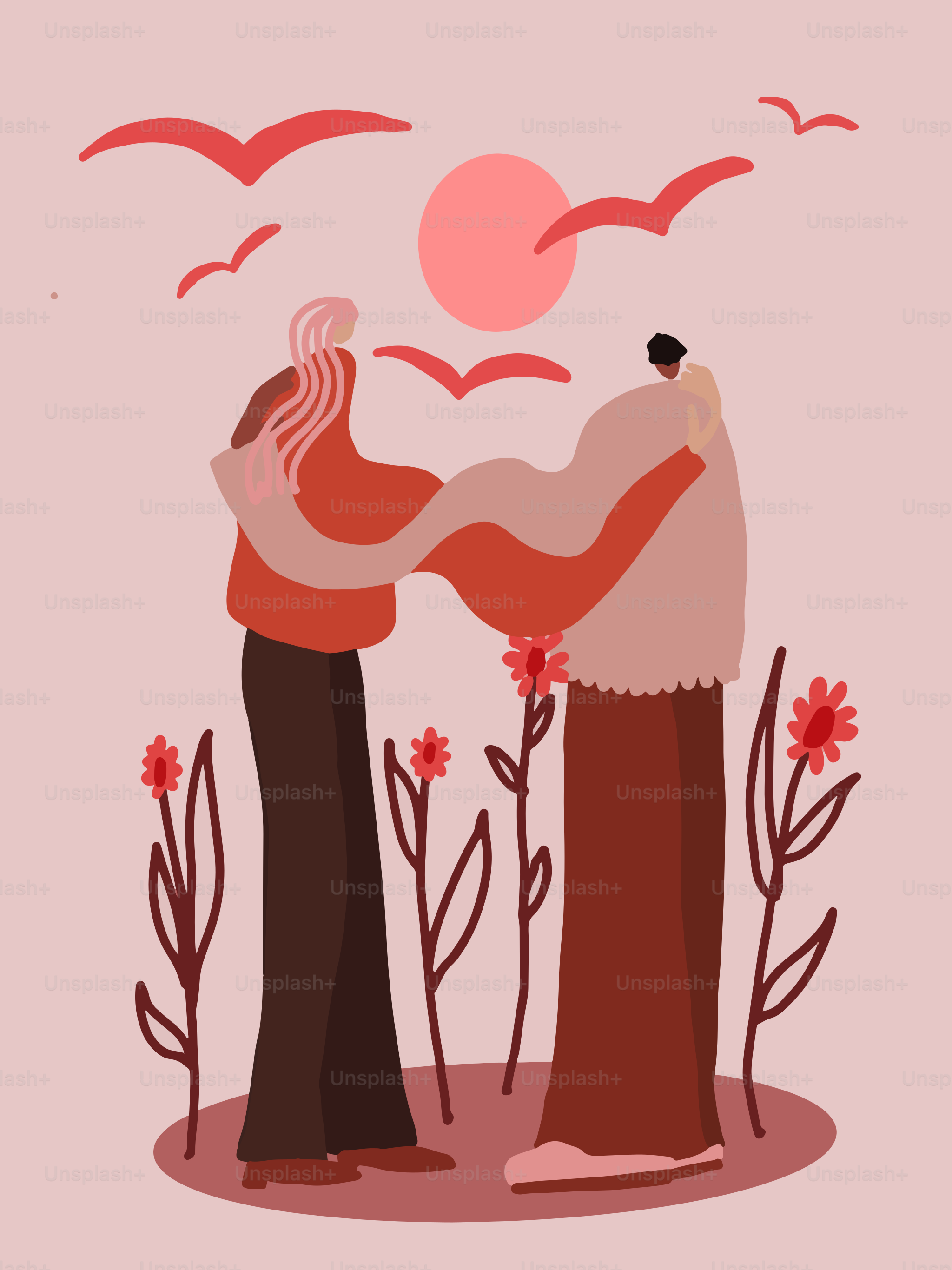 Two people embracing amidst flowers and birds.