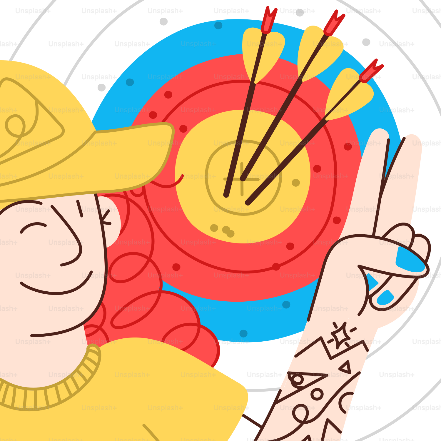 아처가 목표물 앞에서 브이사인을 하는 모습