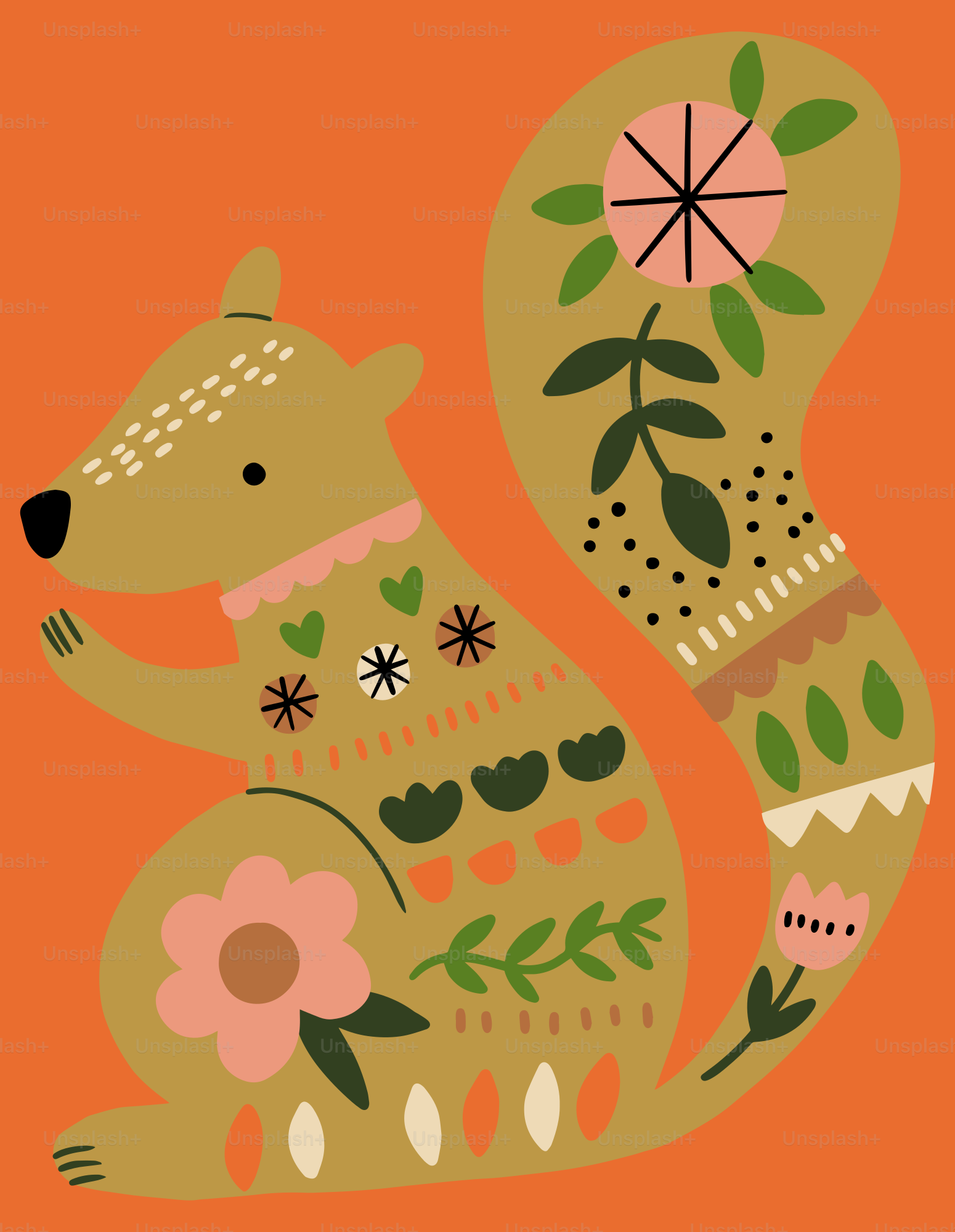 A stylized squirrel with floral folk art patterns.