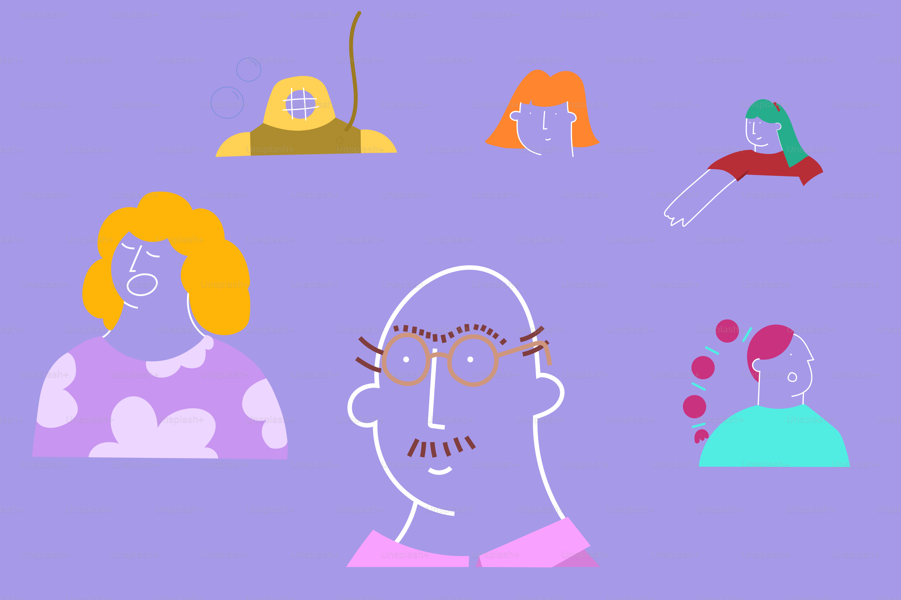 Diverse cartoon faces with different hairstyles and accessories.