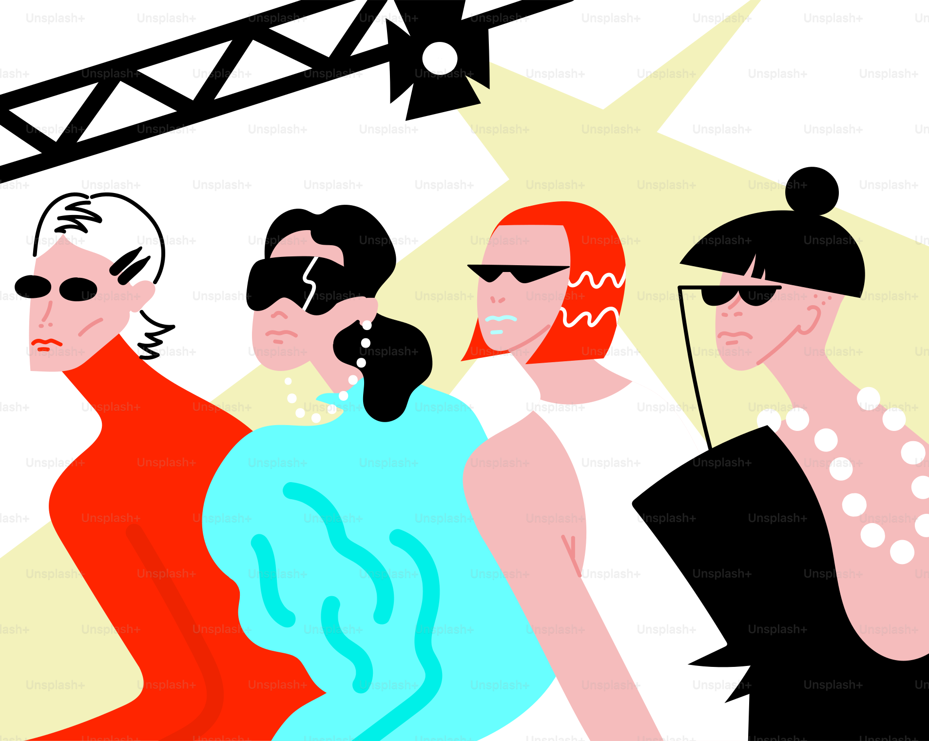 Four stylish figures walk a fashion runway.