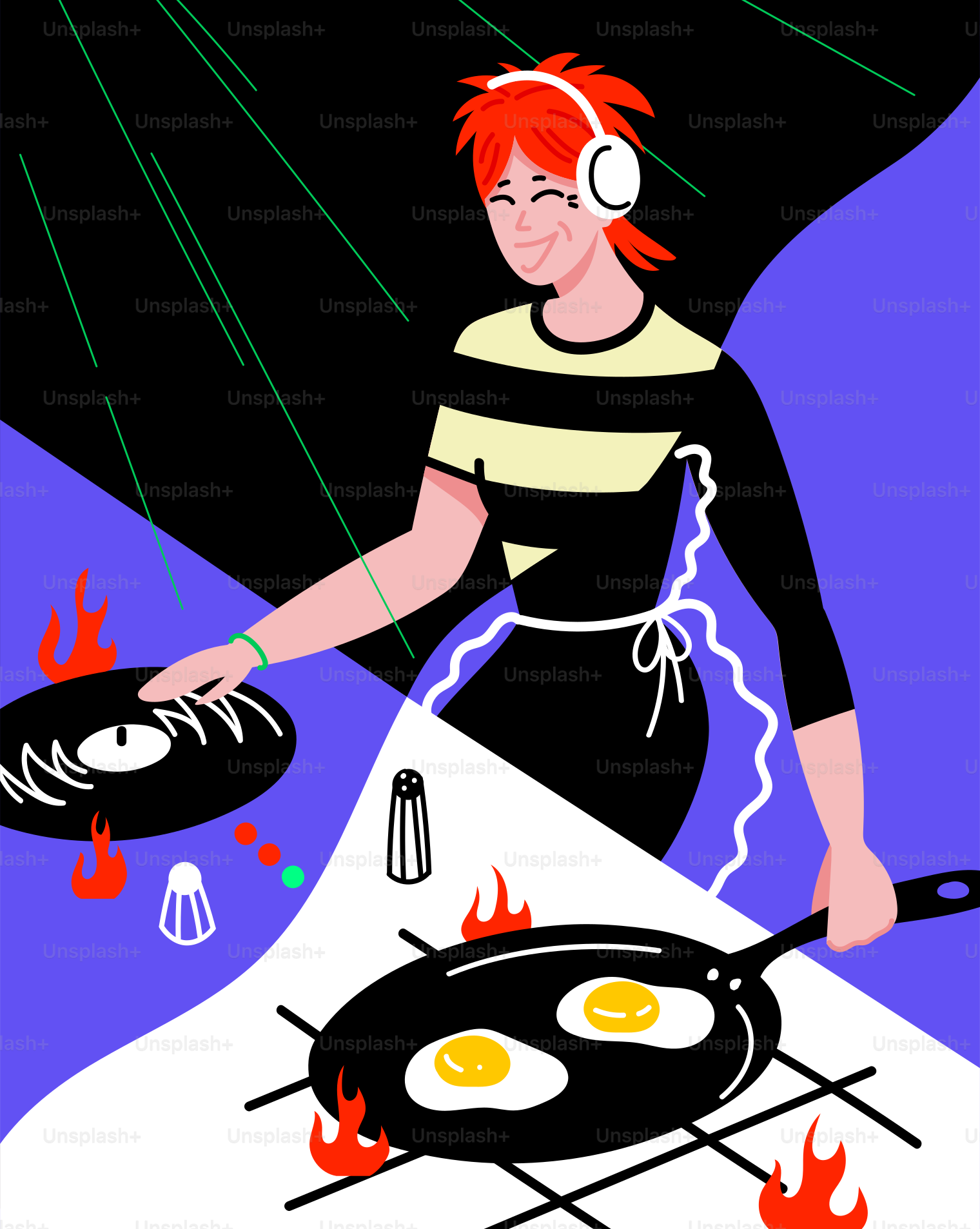 Personne avec un casque fait un DJ en cuisinant des œufs