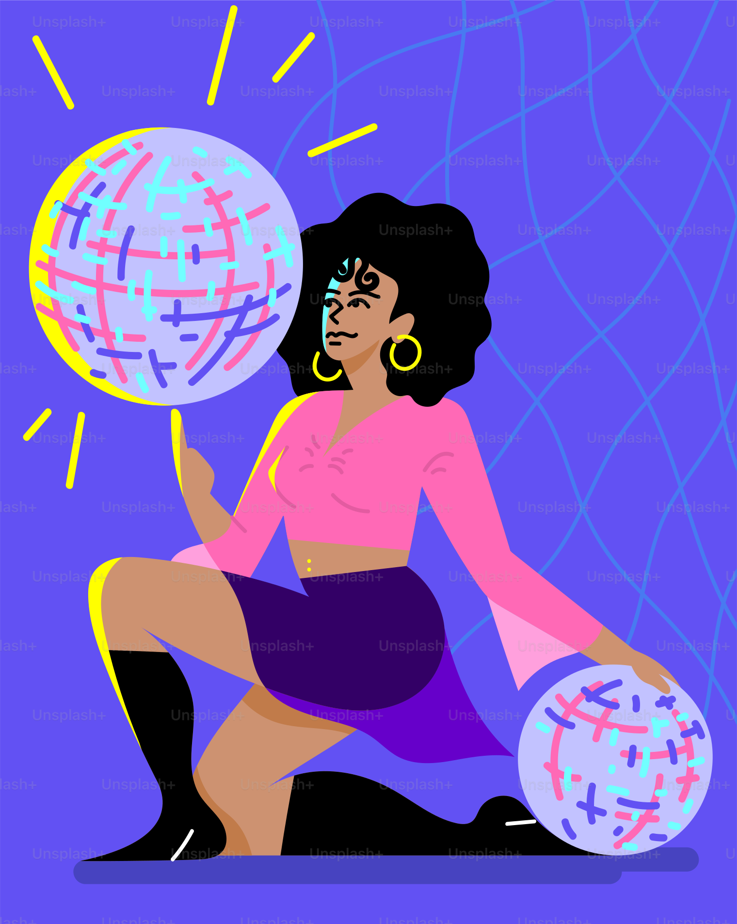 Woman with disco balls on purple background