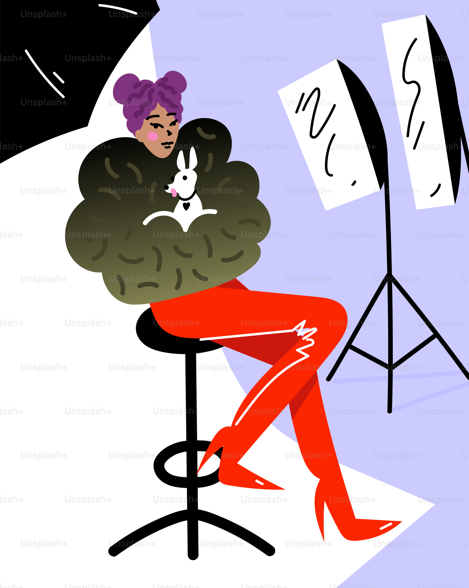 Woman in red pants with fluffy green jacket and bunny.