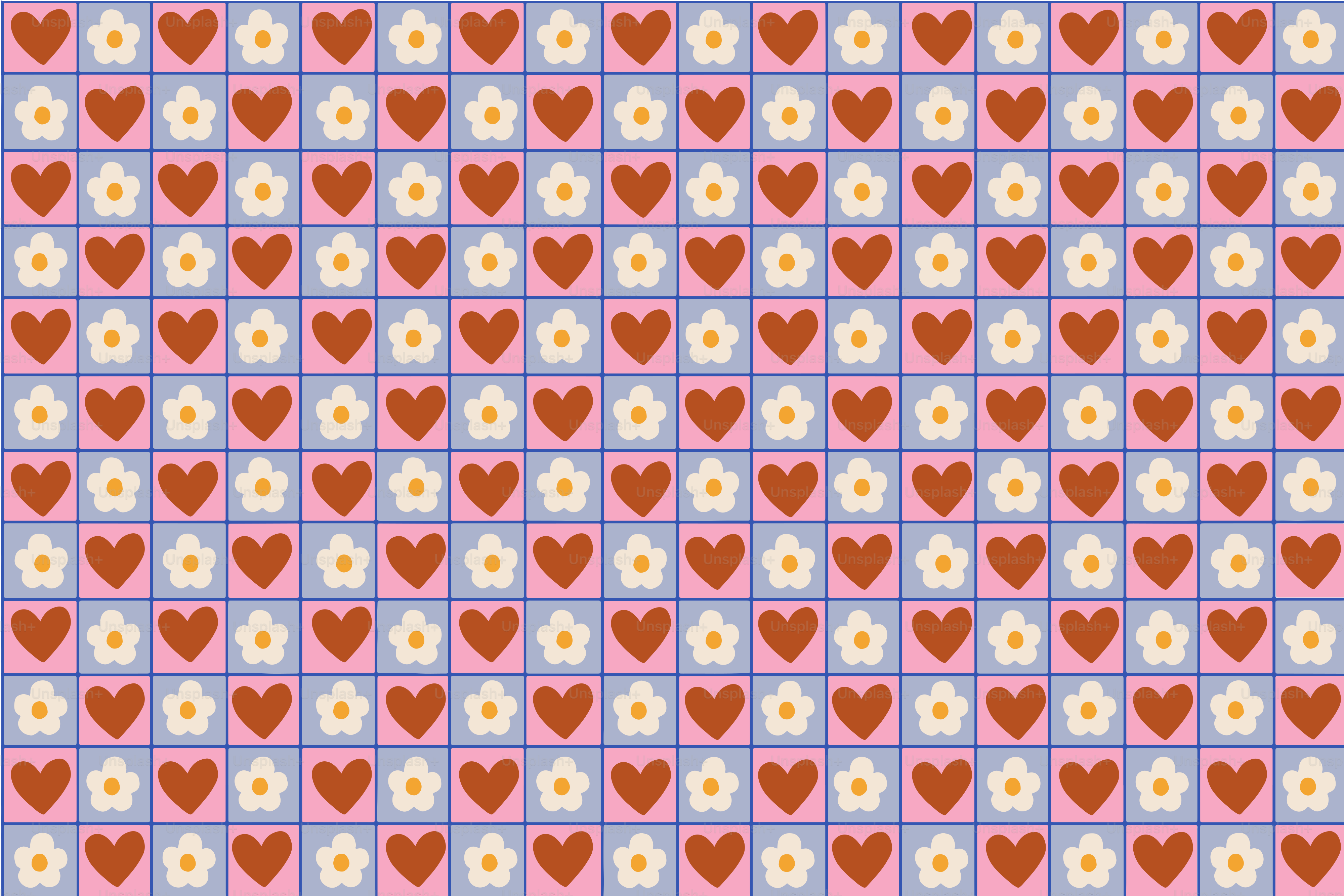 Retro pattern of hearts and flowers on checkered background