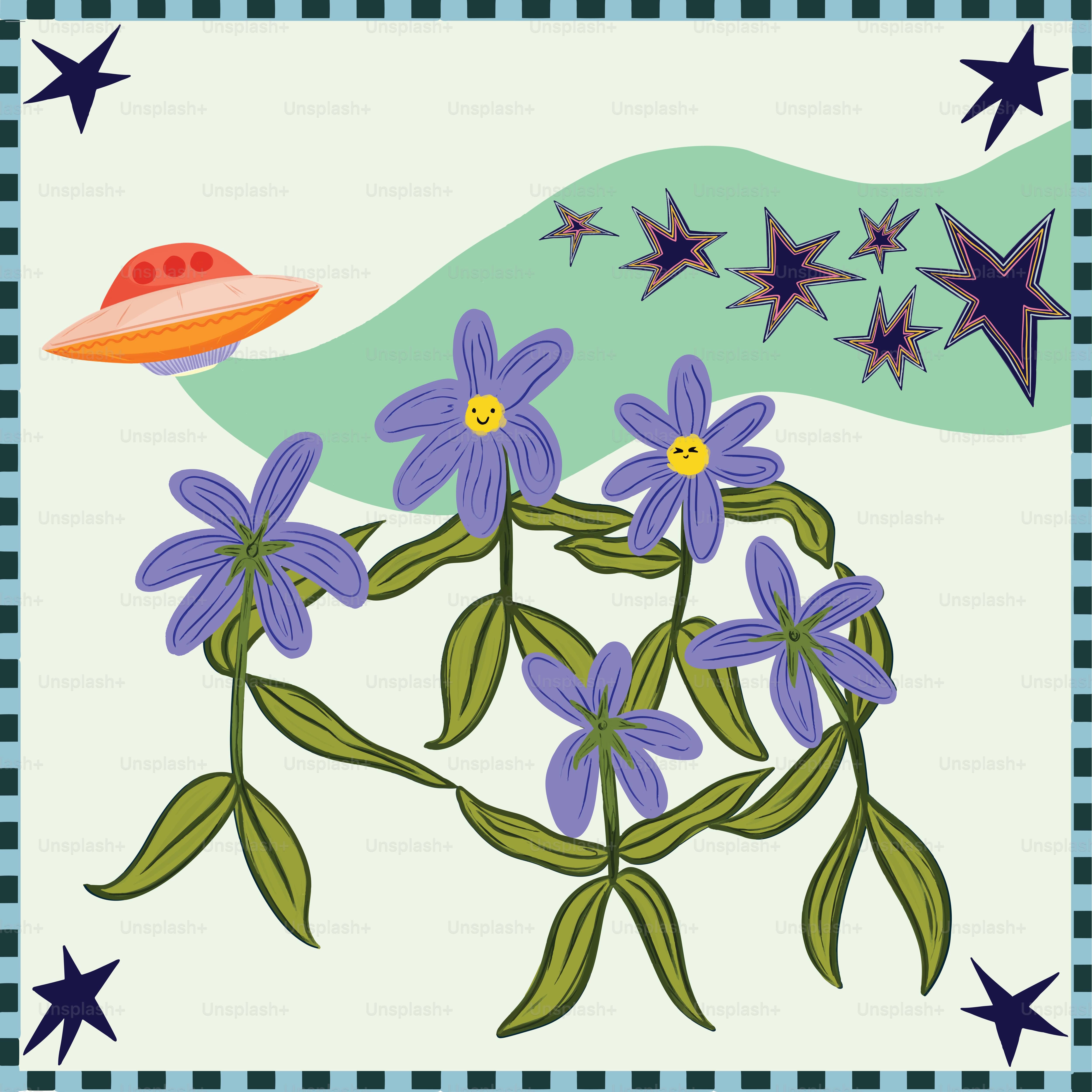 UFOは紫色の花や爆発する星の上を飛びます
