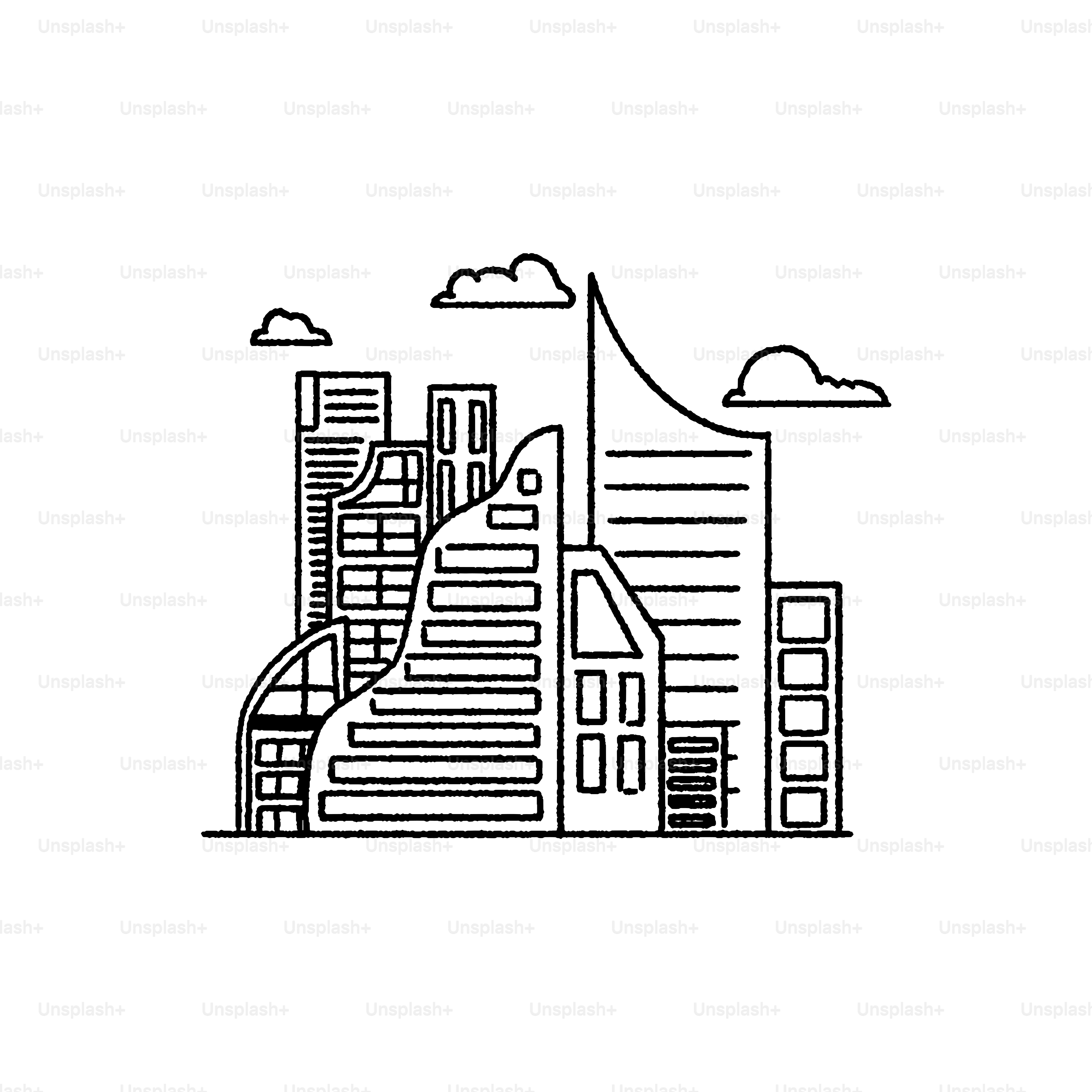 Stylized line drawing of modern city skyline buildings.