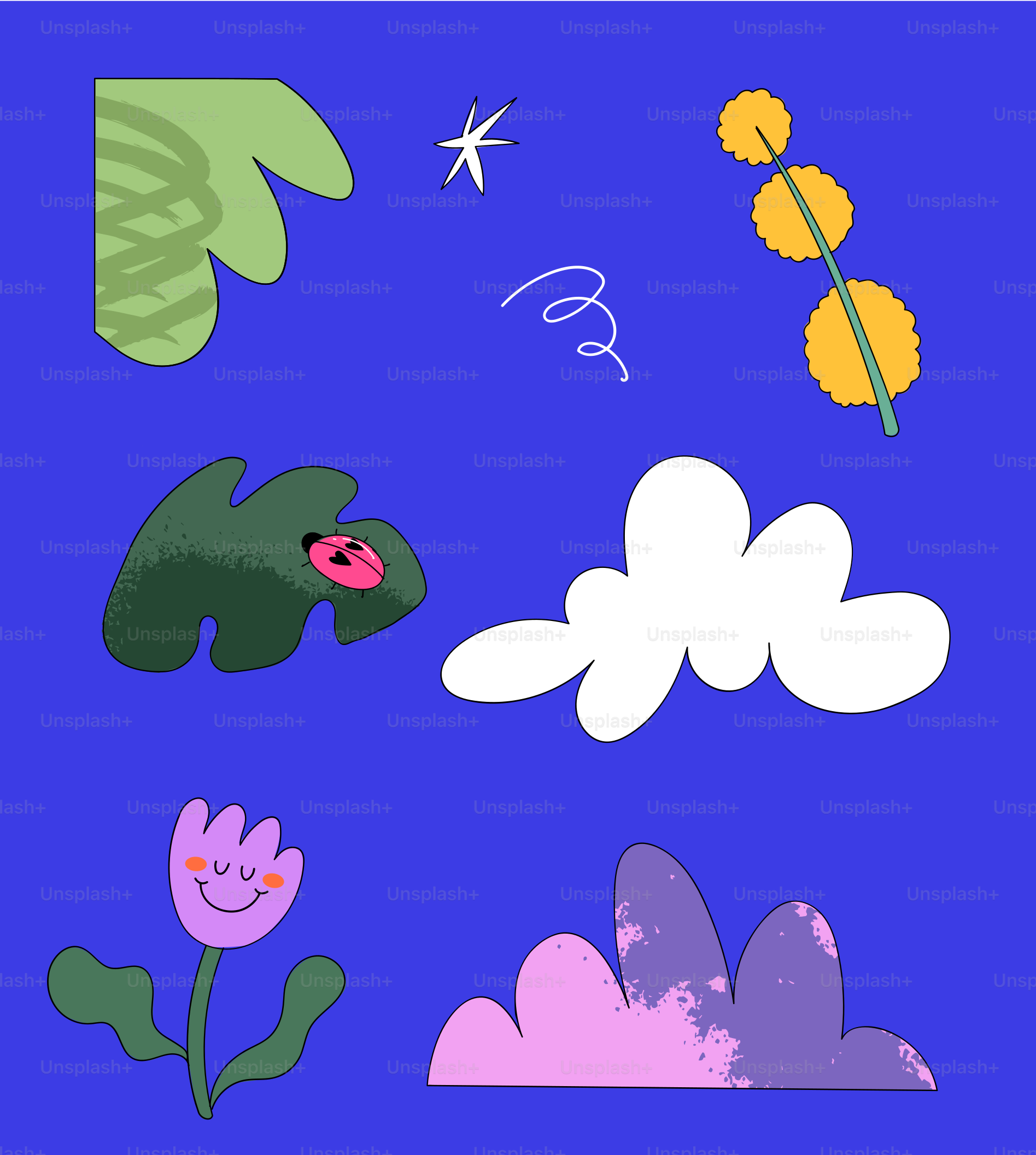 Ein blauer Hintergrund mit Blumen und Wolken