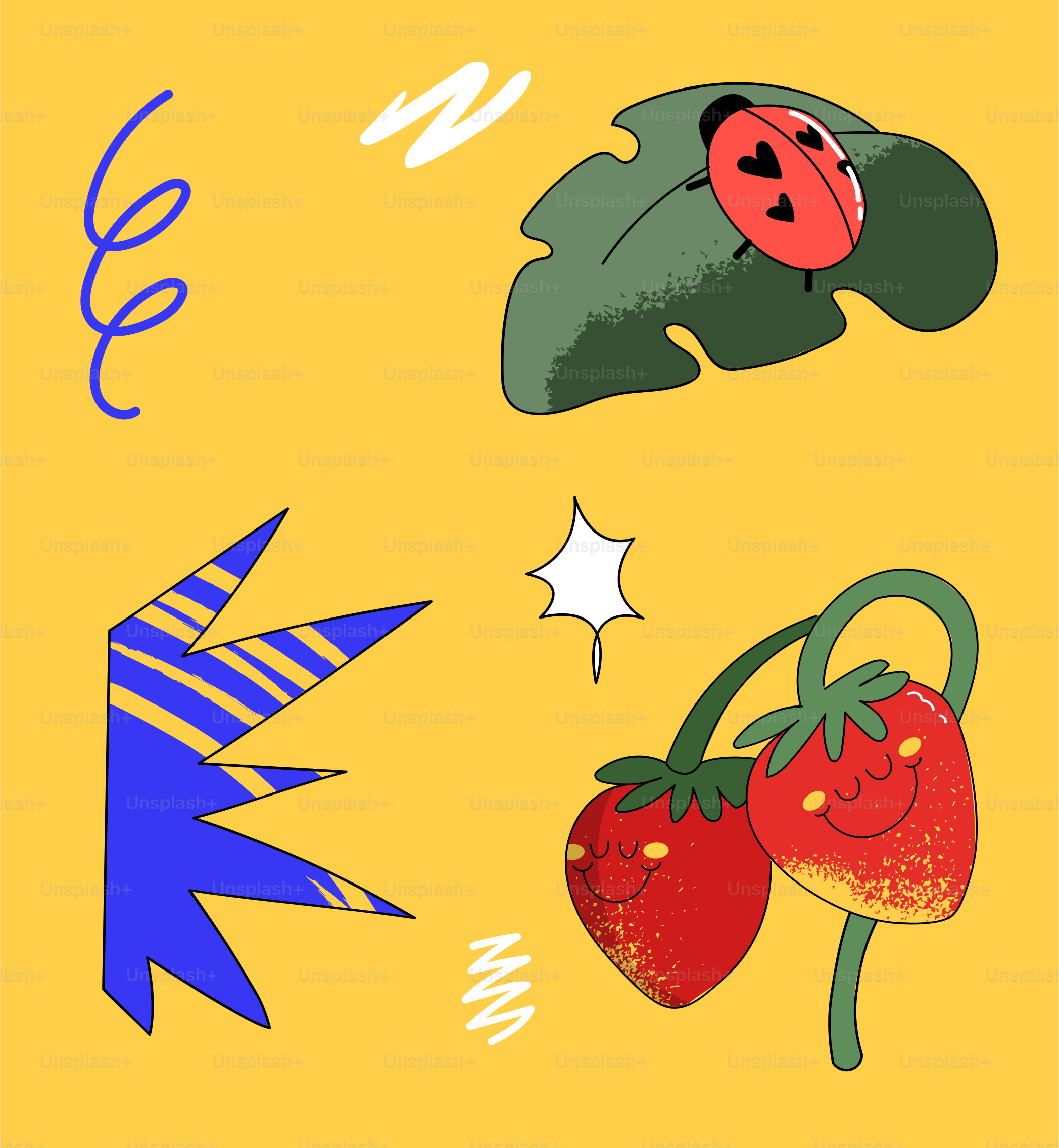 Ladybug on leaf with strawberries and abstract shapes.
