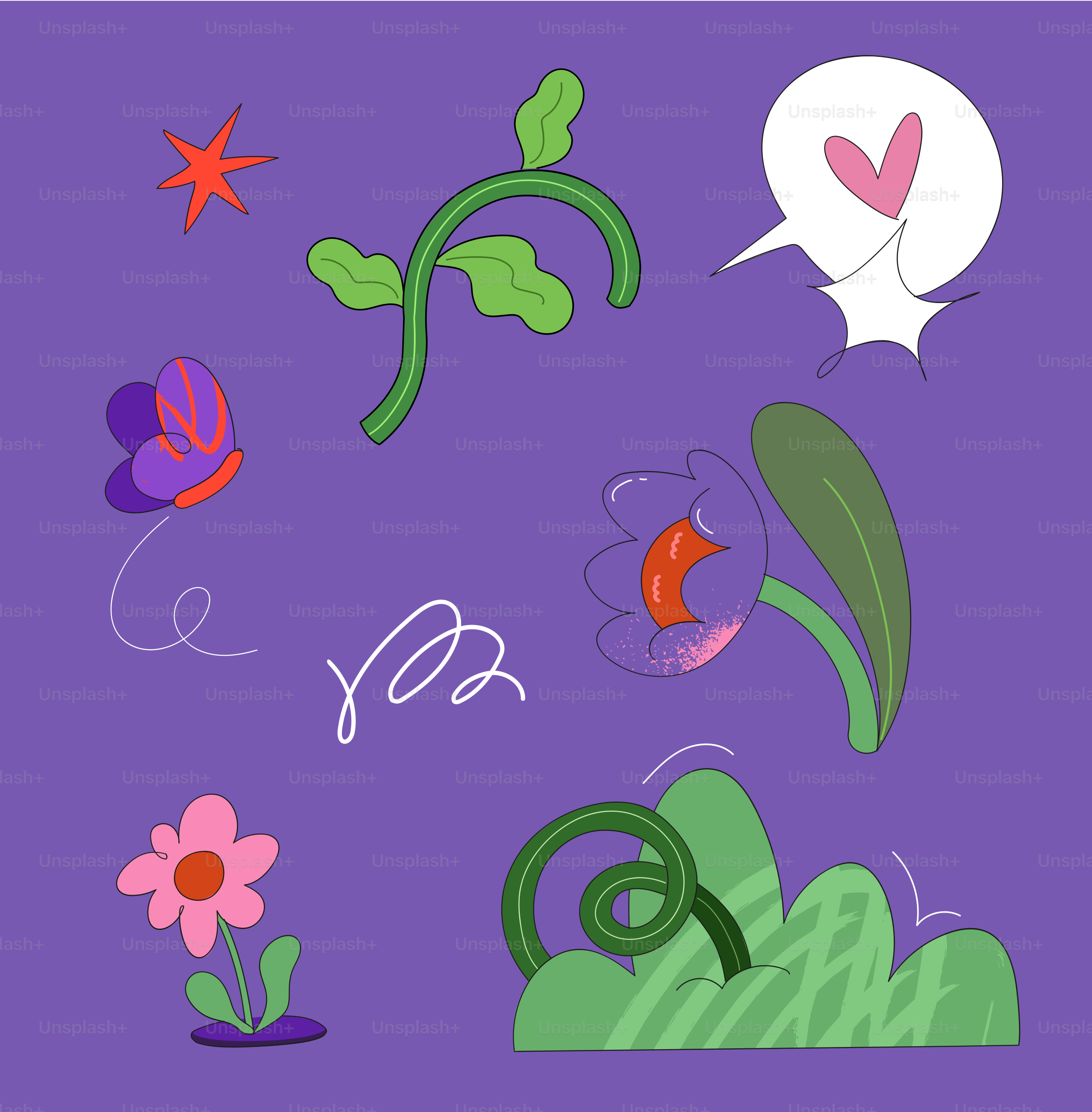 Arte divertida de rabiscos de flores, plantas e uma borboleta.