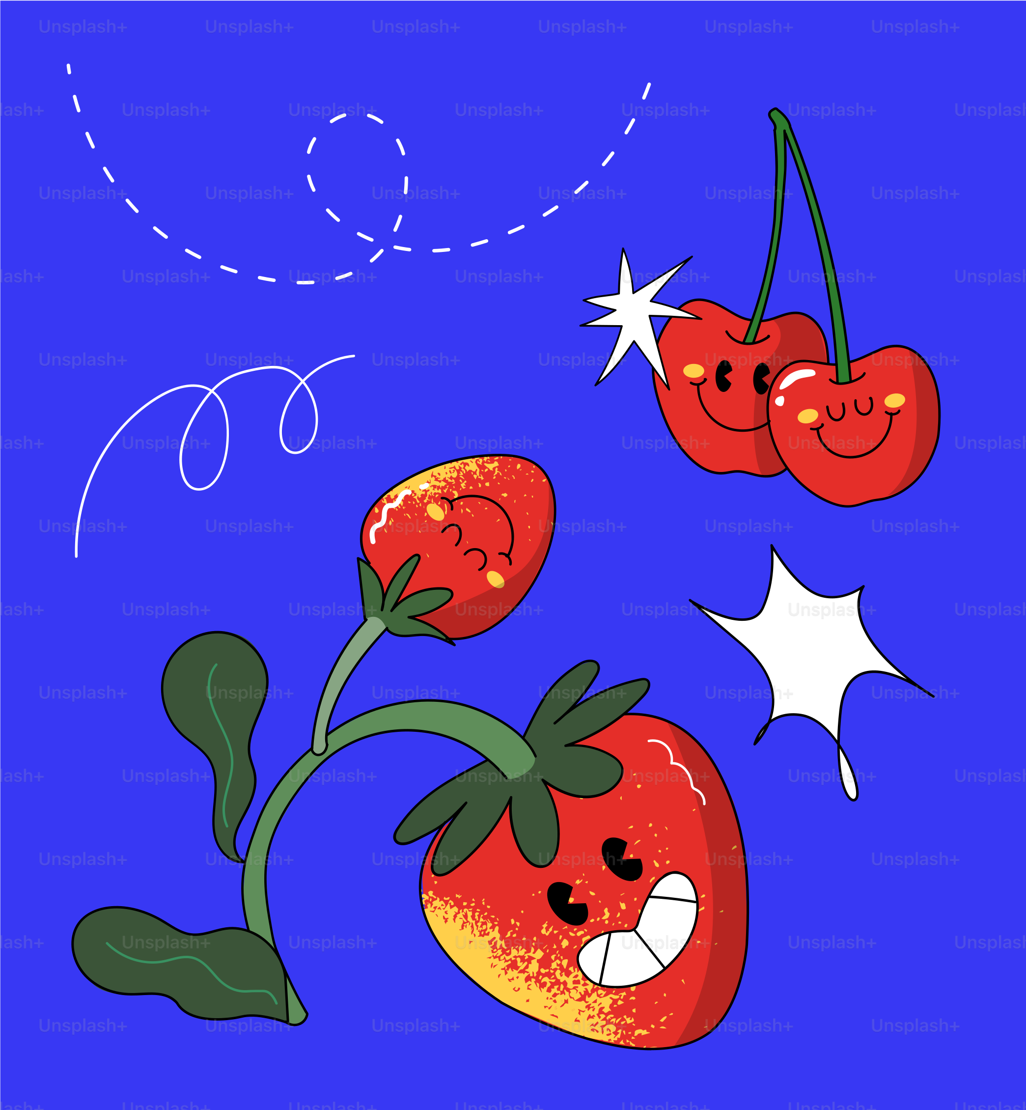 Cartoon-Erdbeere und Kirschen mit fröhlichen Gesichtern.