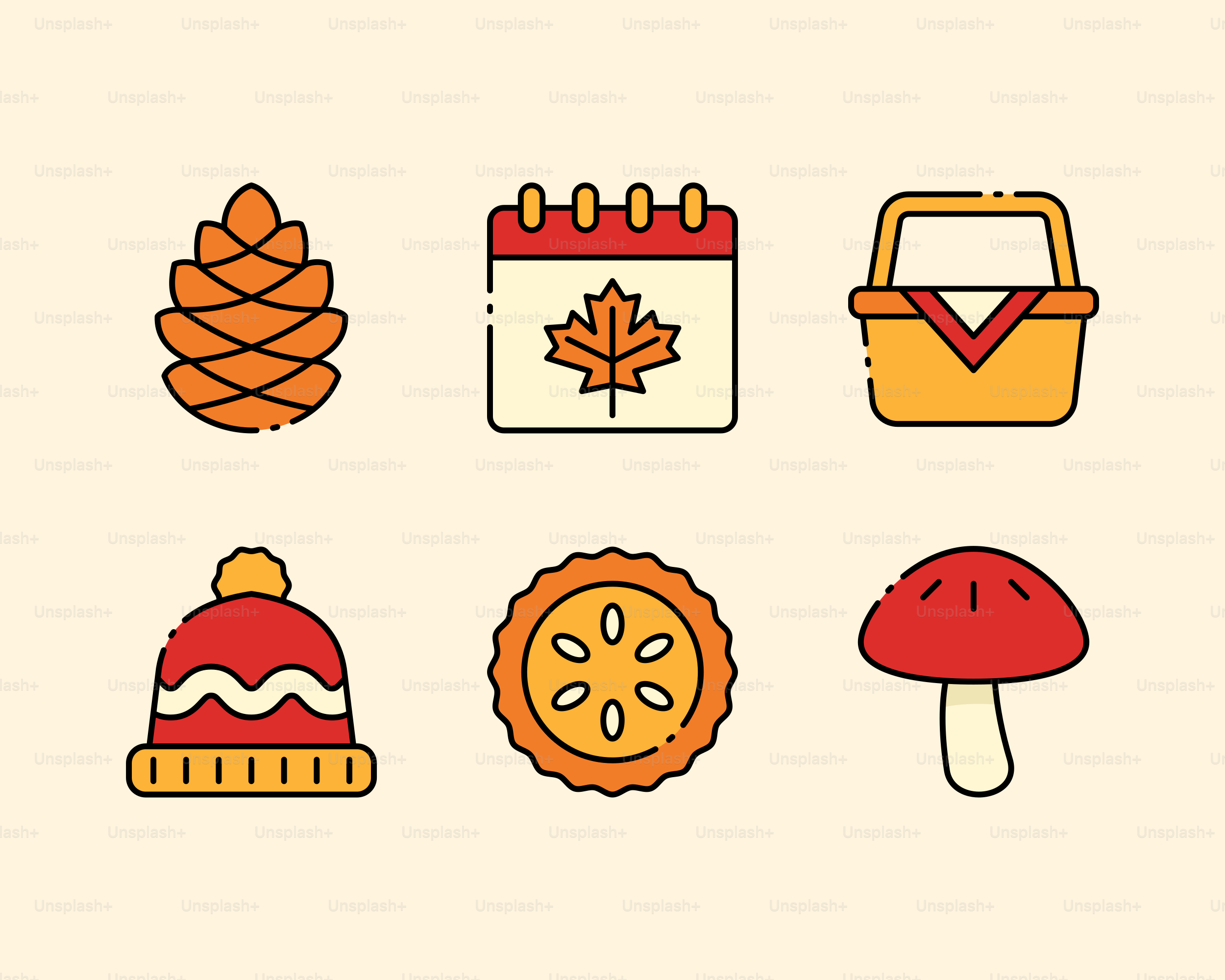 Autumn icons: pinecone, calendar, picnic basket, hat, pie, mushroom