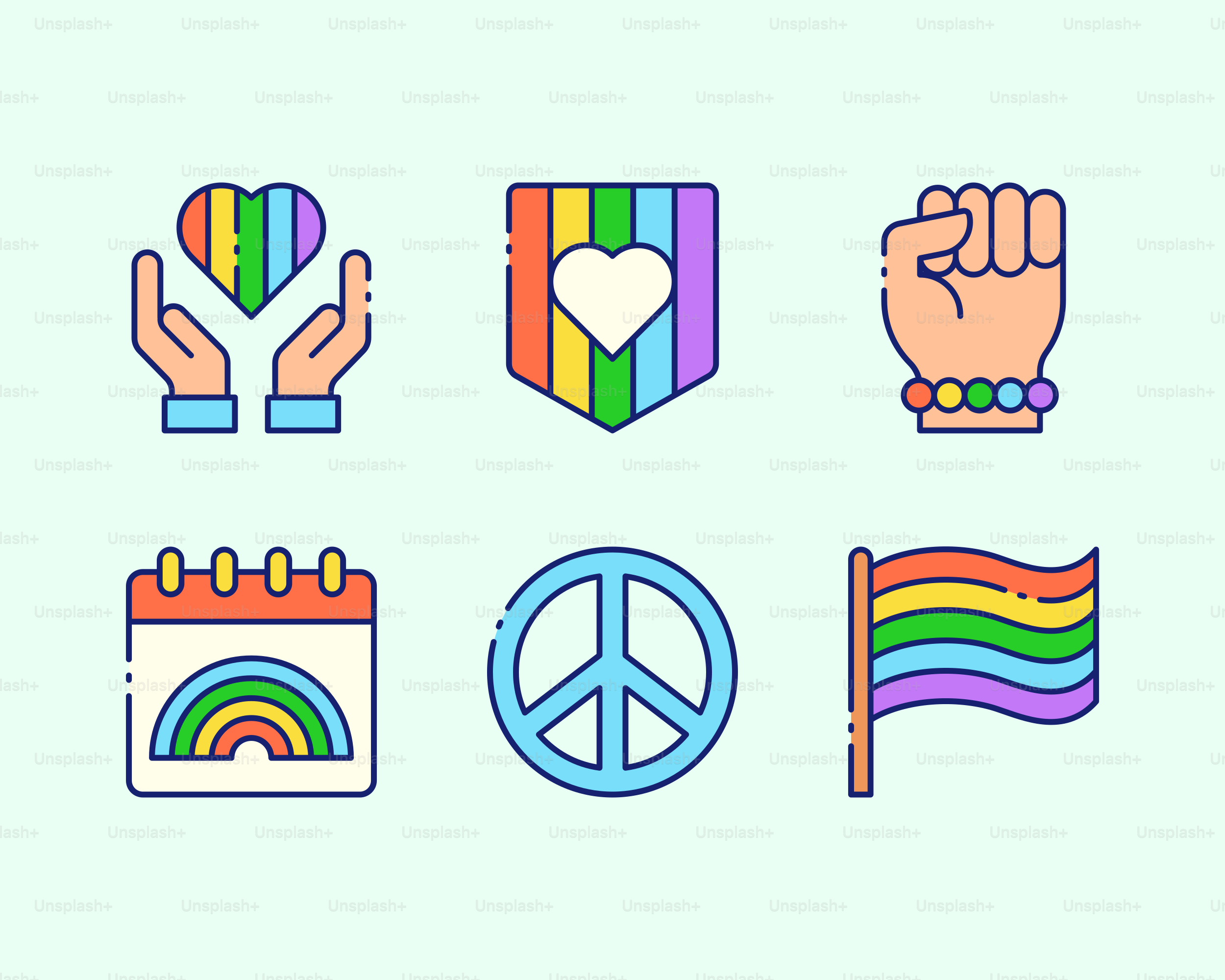 Rainbow pride icons including heart, fist, peace sign, and flag.
