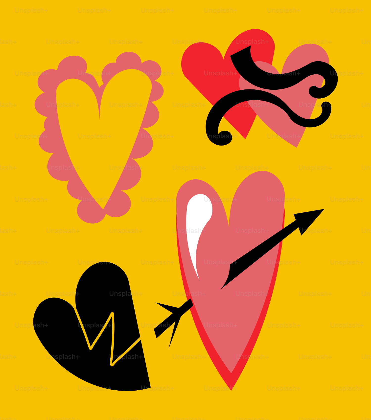 Cuatro corazones estilizados sobre fondo amarillo