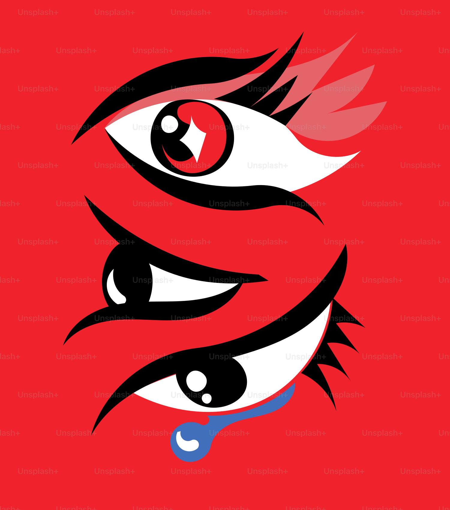 Un fondo rojo con ojos en blanco y negro