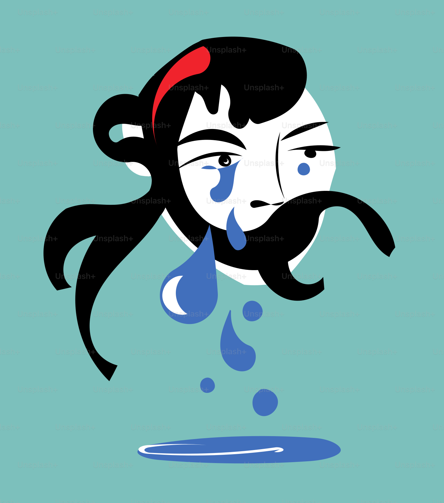 Rostro estilizado llorando lágrimas azules sobre fondo azul verdoso