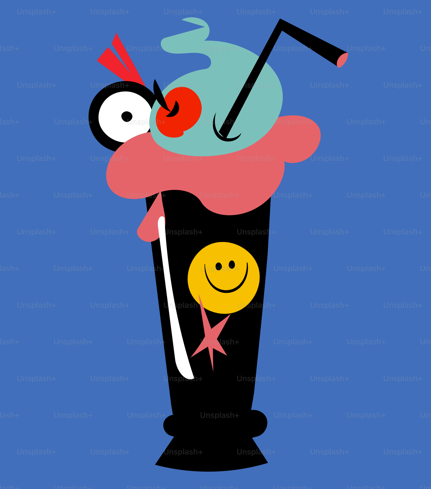 Un batido de dibujos animados con una cereza y pajita