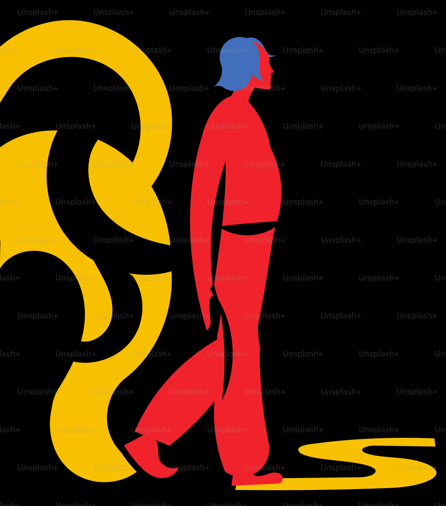 Stylized figure walks past abstract yellow shape