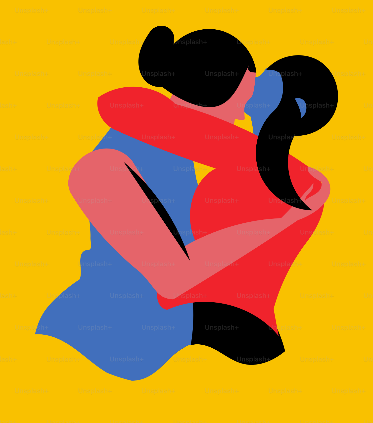 Una pareja abrazándose sobre un fondo amarillo